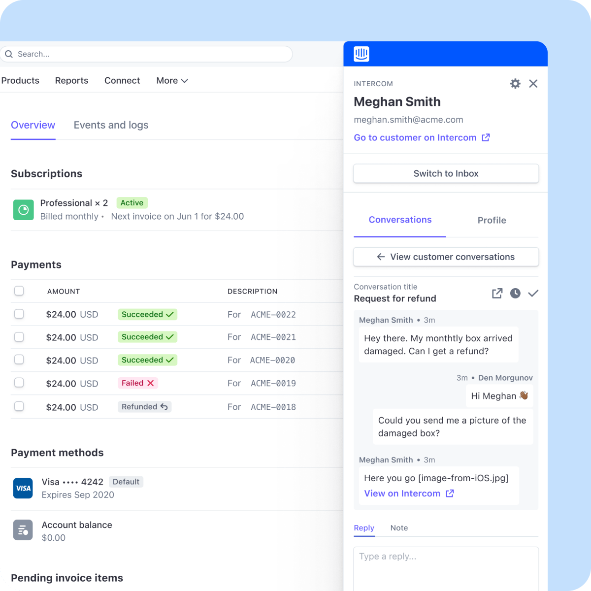 Transactional support in an instant—with Intercom and Stripe