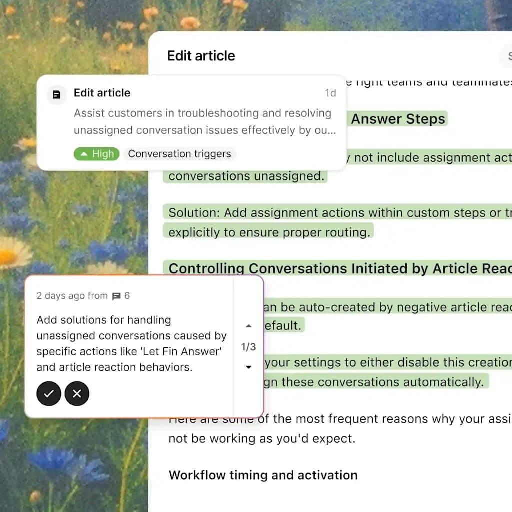 Intercom suggesting content improvements with inline review controls