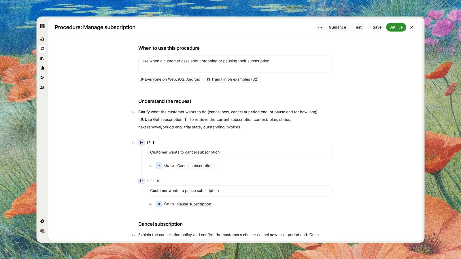 Fin resolving a complex multi-step customer query with Procedures