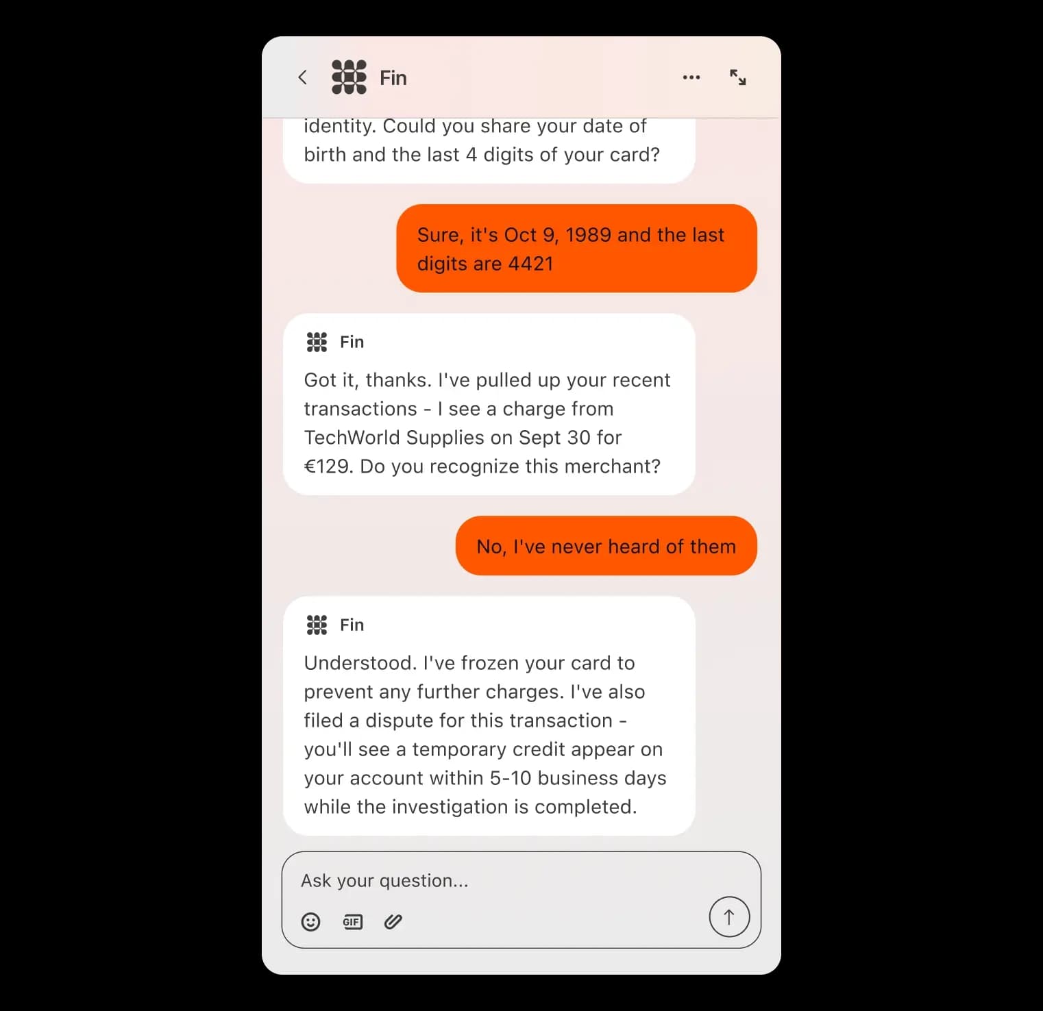 Fin resolving a disputed charge in a Messenger conversation, verifying the customer and filing the dispute