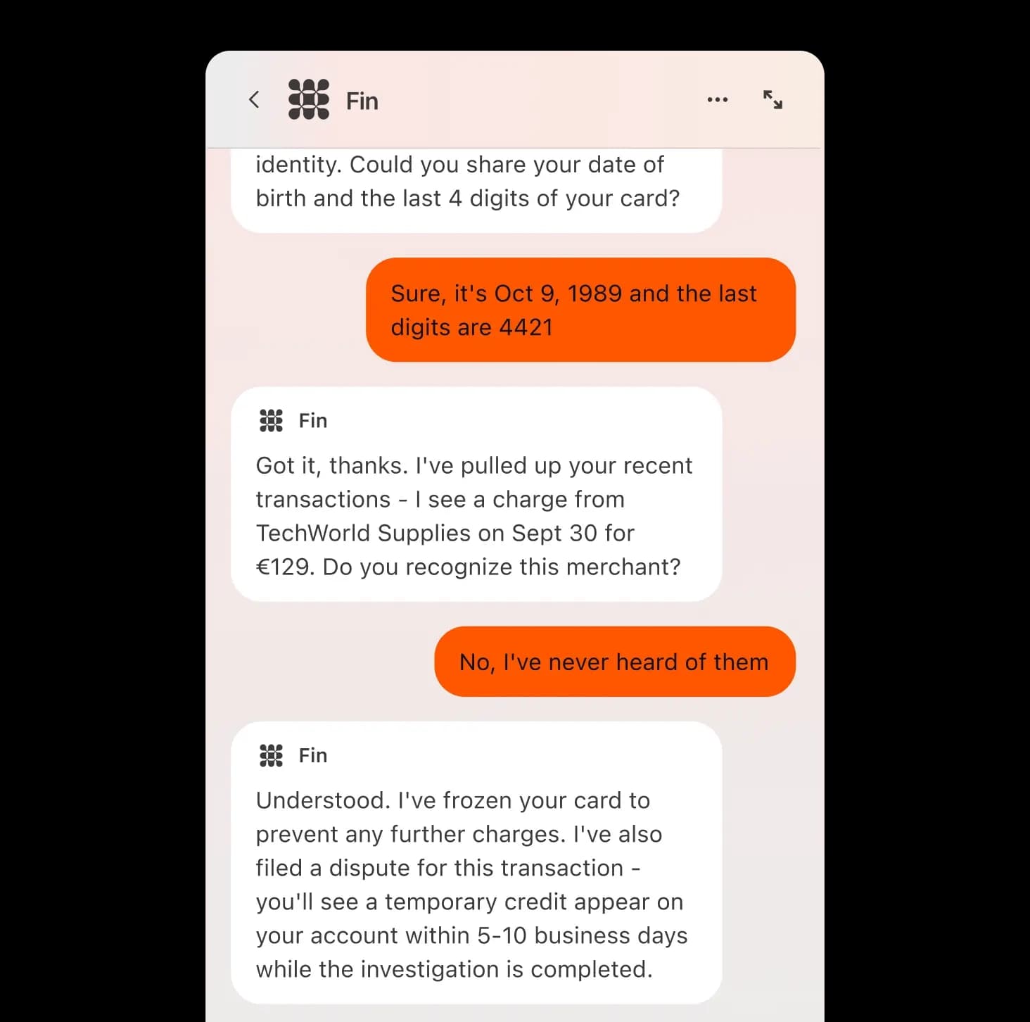 Fin resolving a disputed charge in a Messenger conversation, verifying the customer and filing the dispute