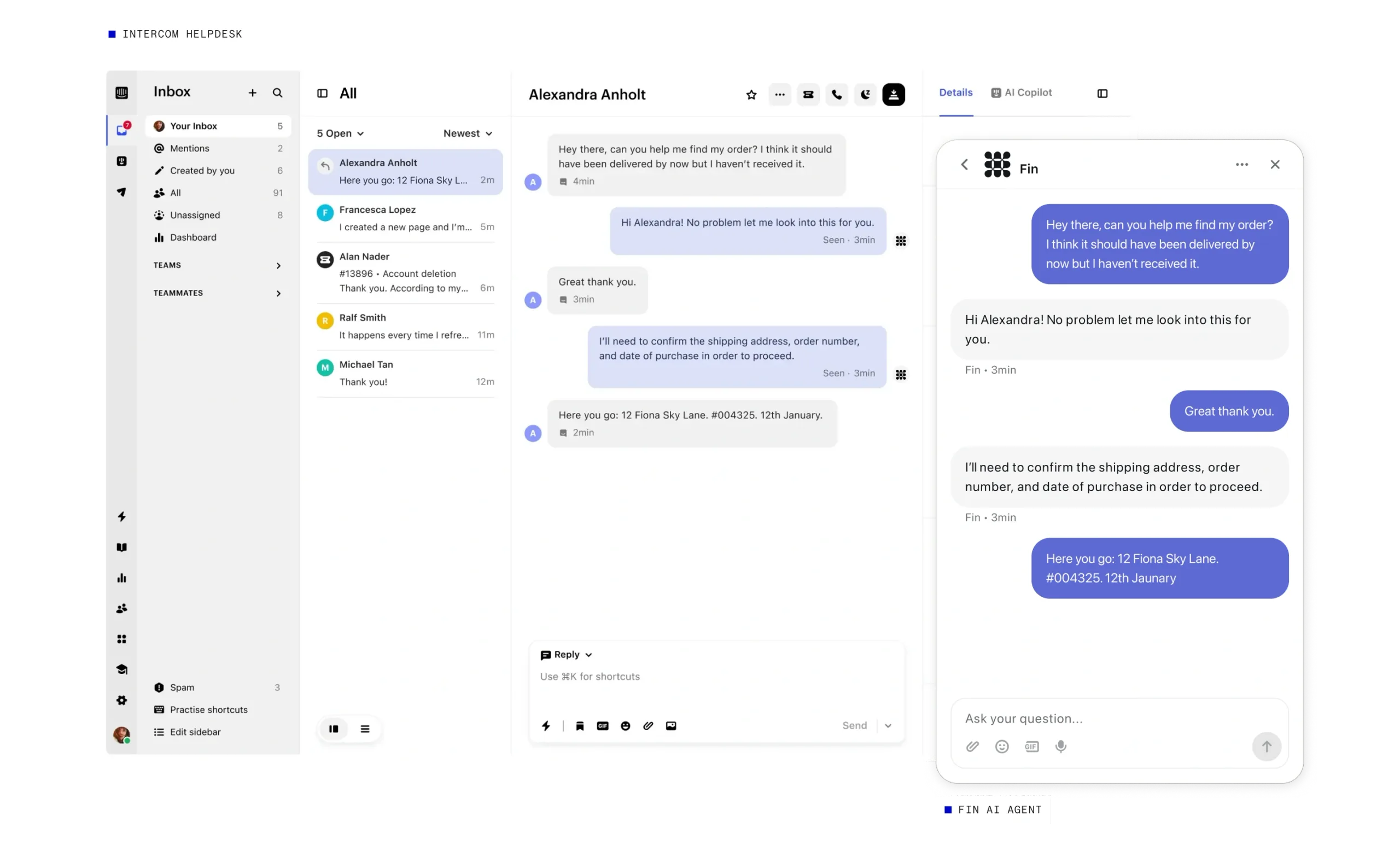 Intercom Helpdesk inbox with Fin resolving a customer's order query in a live Messenger conversation