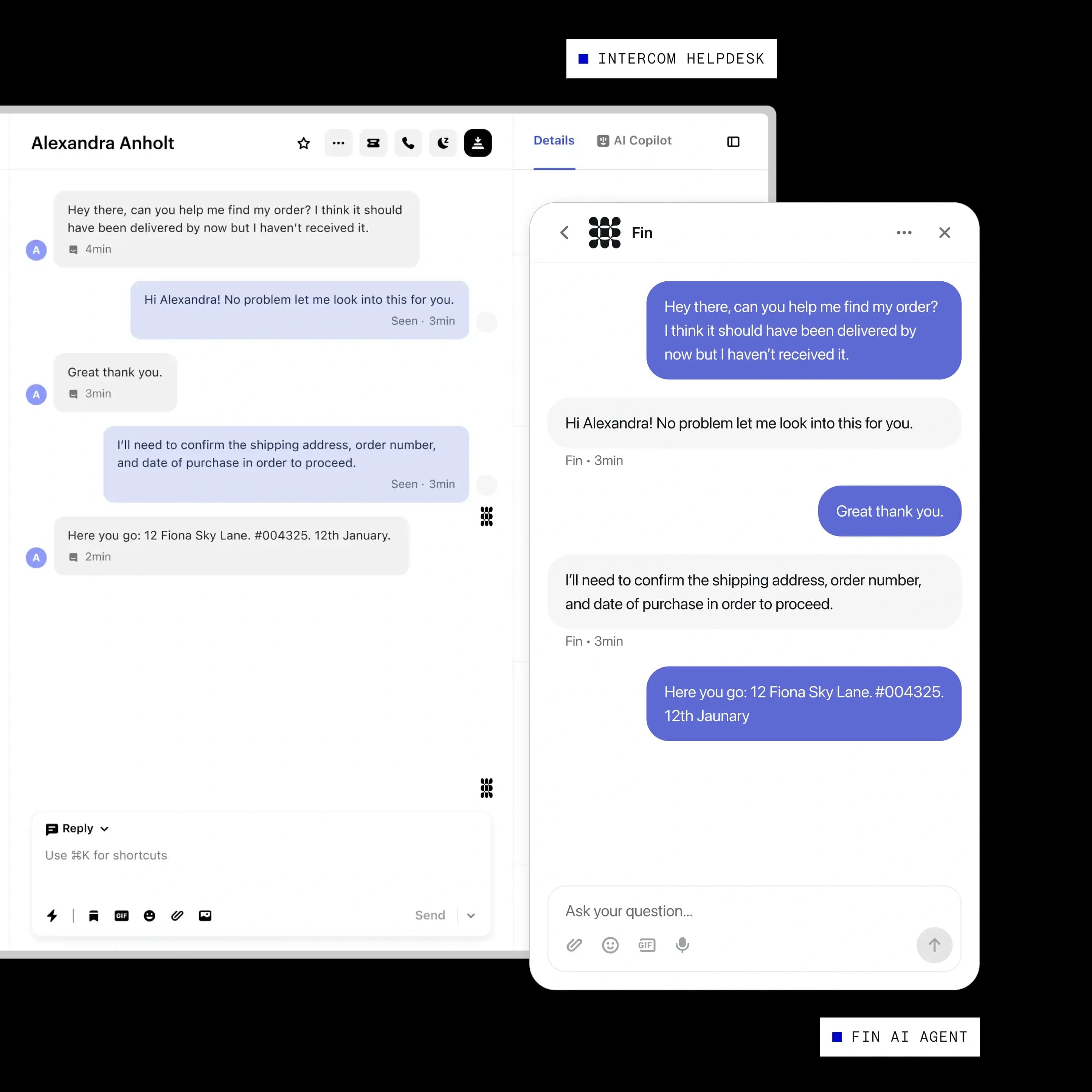 Intercom Helpdesk inbox with Fin resolving a customer's order query in a live Messenger conversation