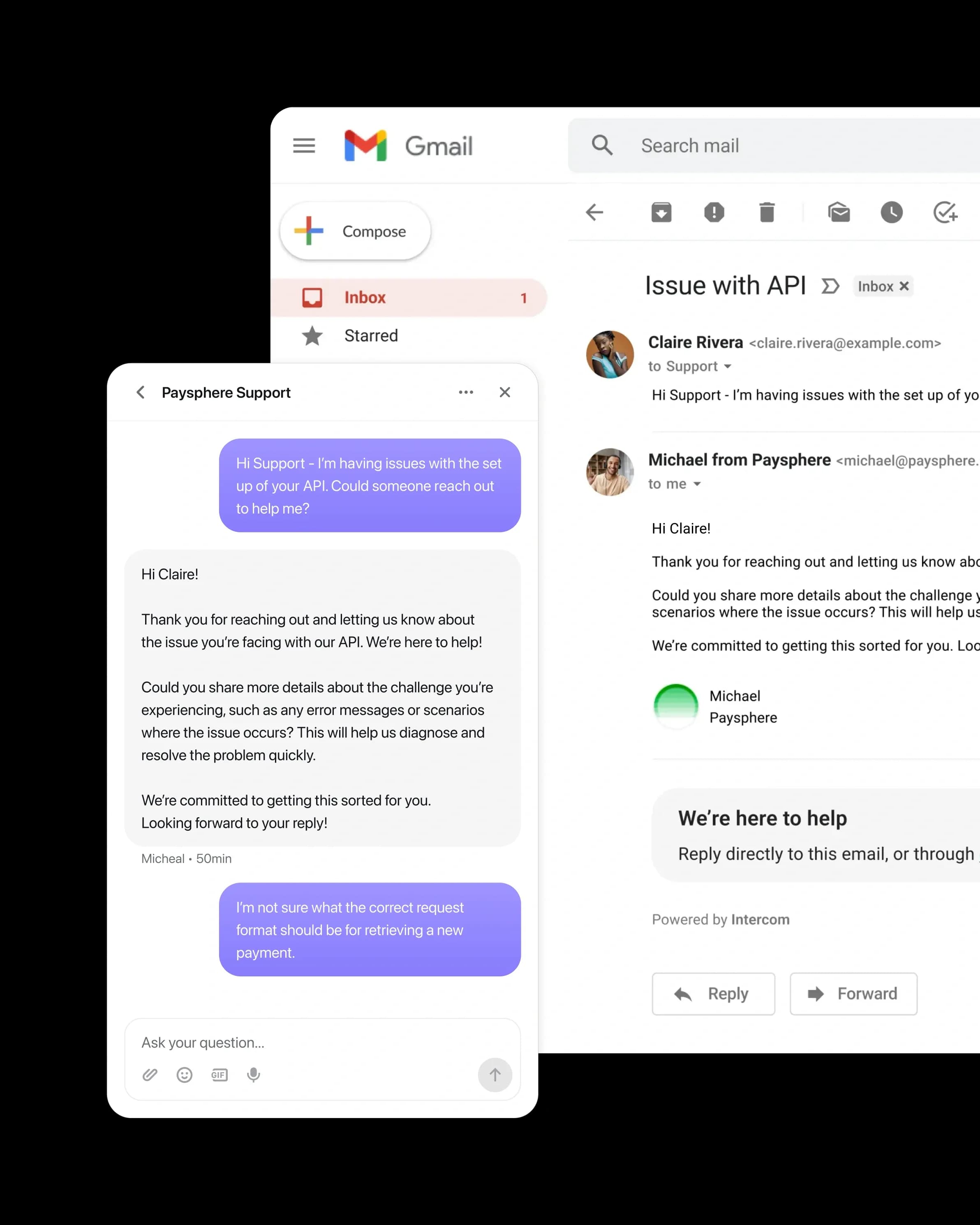 The same support conversation continuing in Messenger on mobile and over email in Gmail
