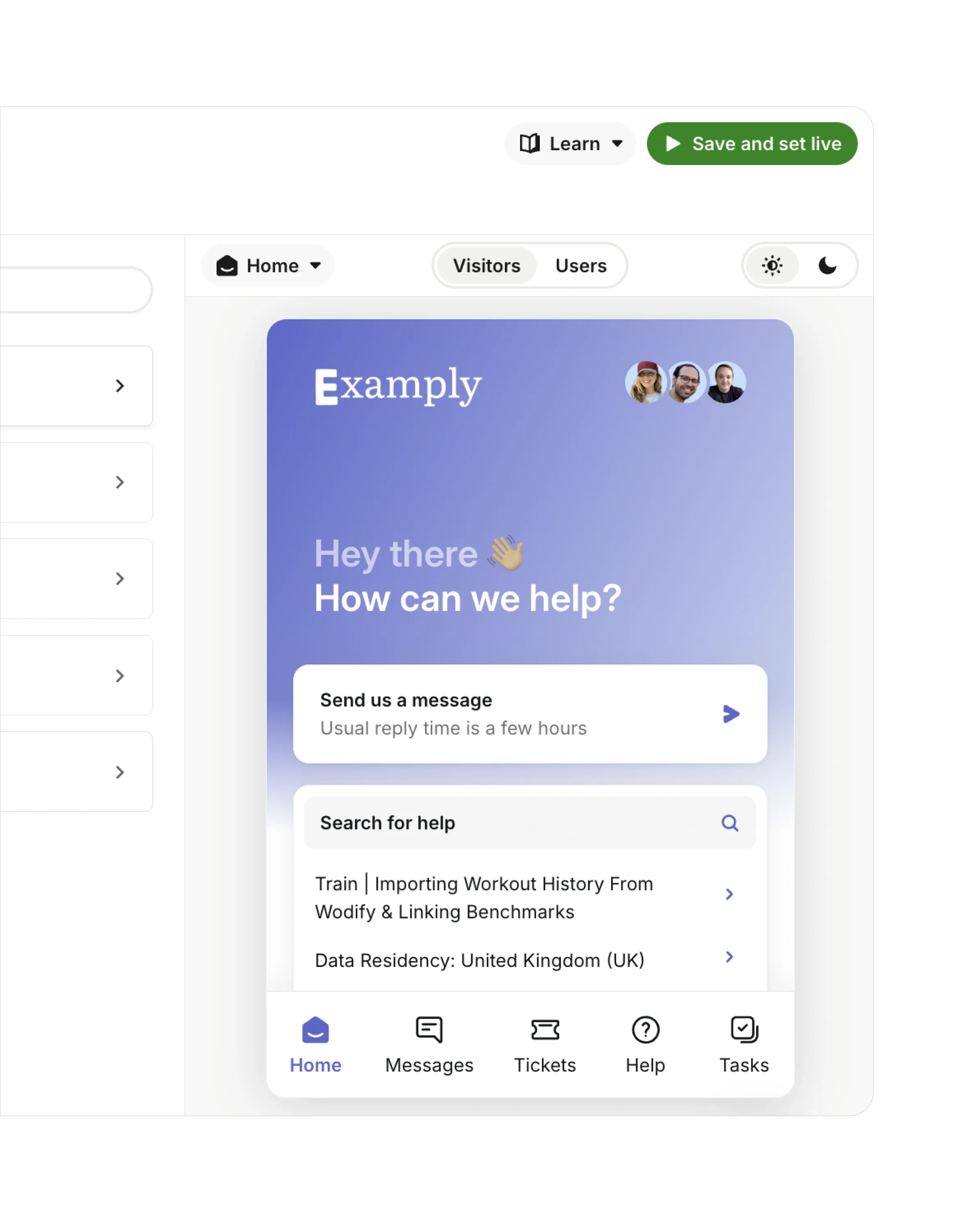 Messenger design settings with a custom-branded purple Messenger preview and light and dark modes