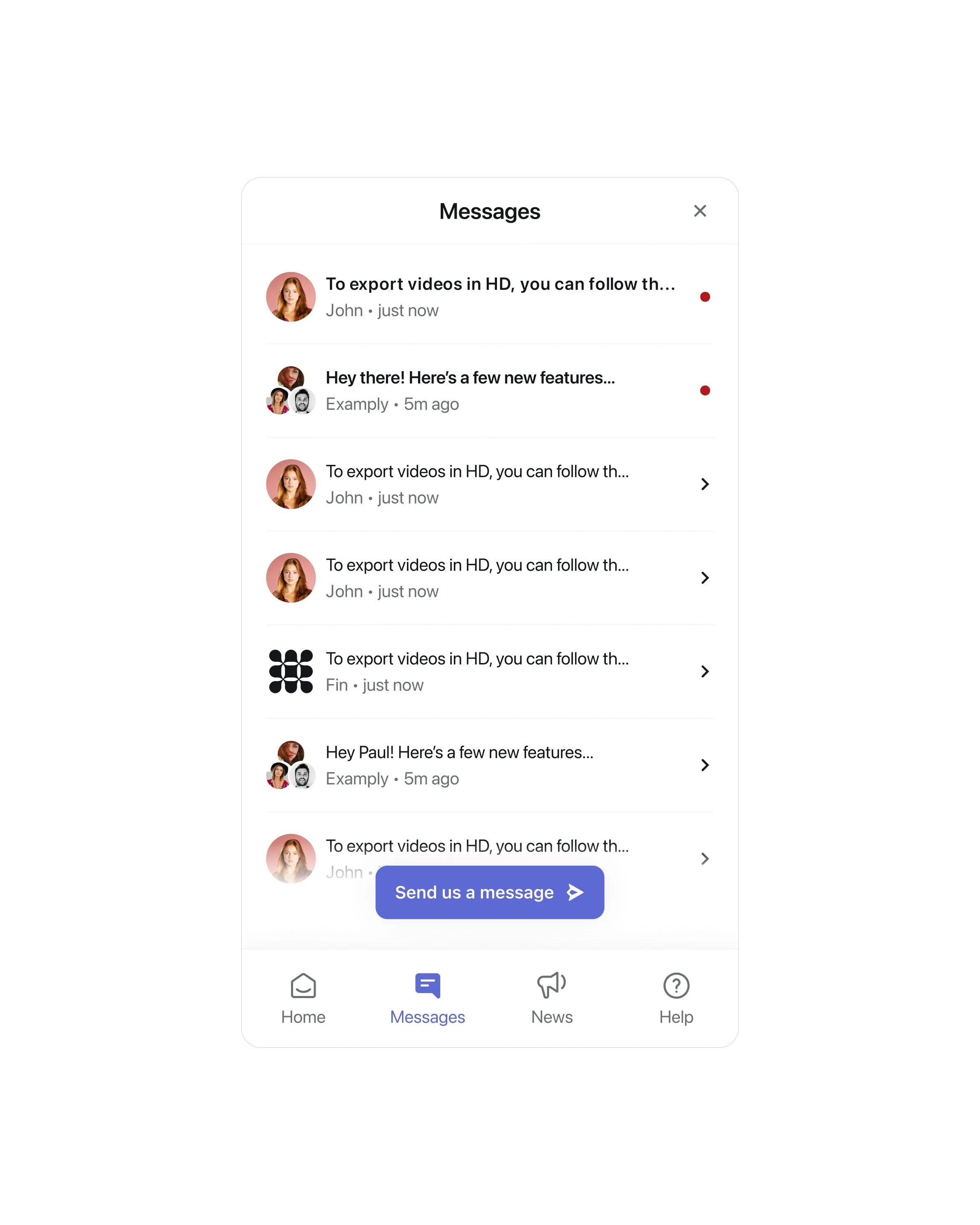 Messenger conversation list with live chat replies answered by Fin and teammates