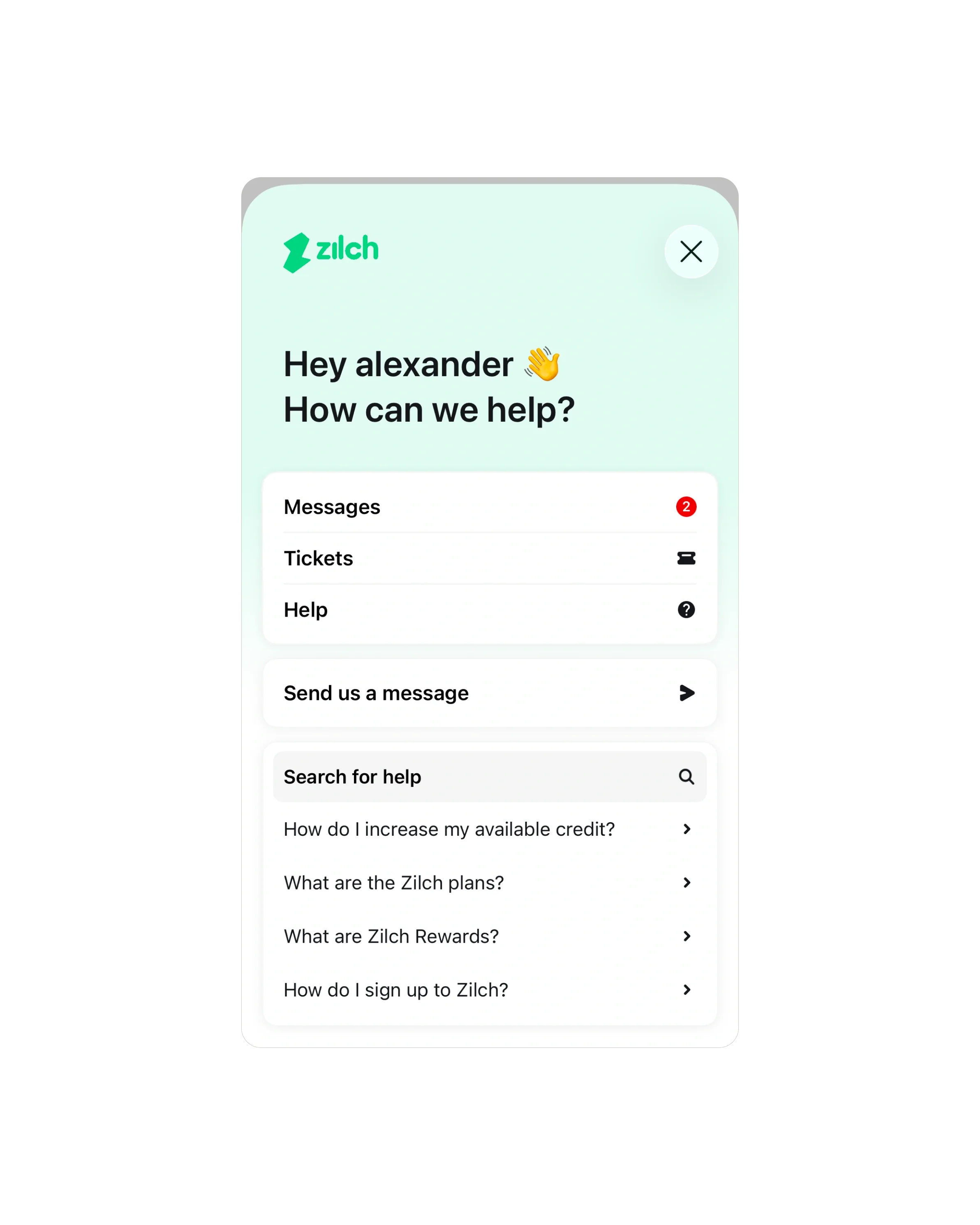 A branded Messenger home screen inside a product, with messages, tickets, and help center search