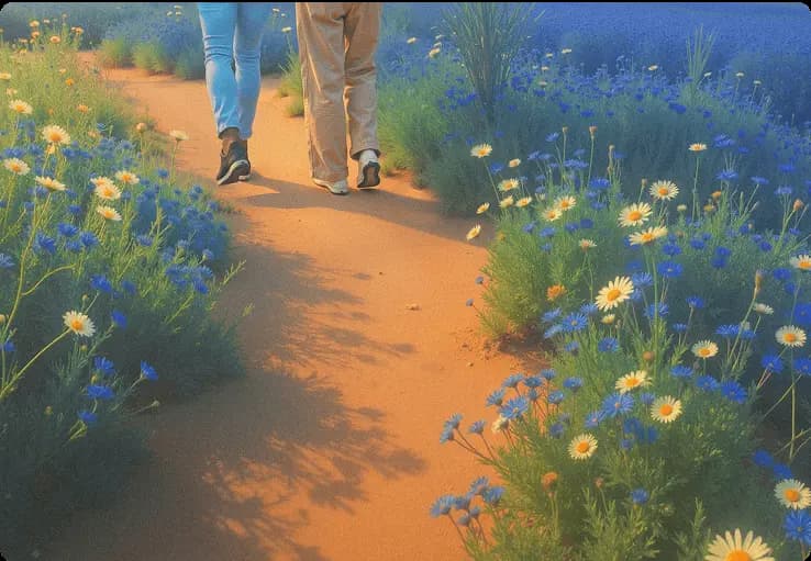 Illustration of people walking down a flowery path
