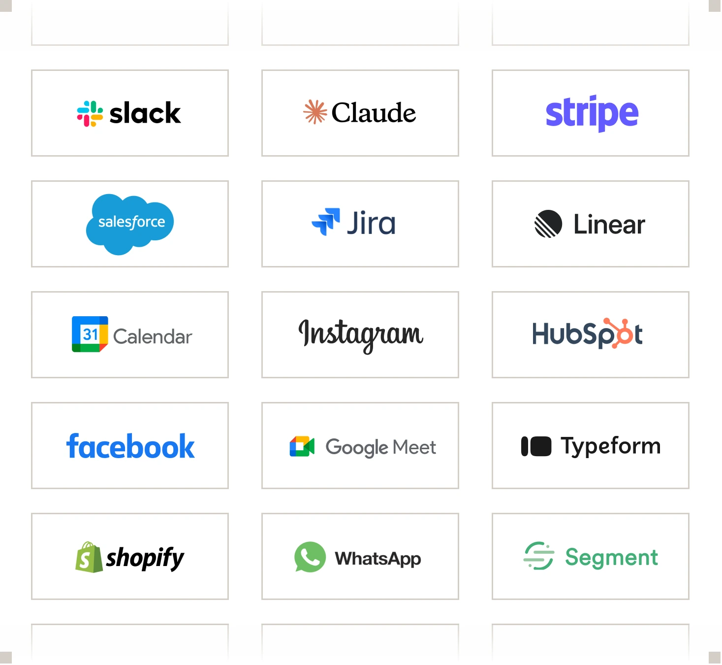 Grid of tools that integrate with Intercom, including Slack, Claude, Stripe, Salesforce, Jira, Linear, Google Calendar, Instagram, HubSpot, Facebook, Google Meet, Typeform, Shopify, WhatsApp, and Segment