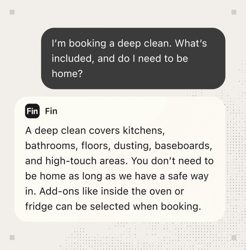 Fin AI agent answering a customer question about deep cleaning services