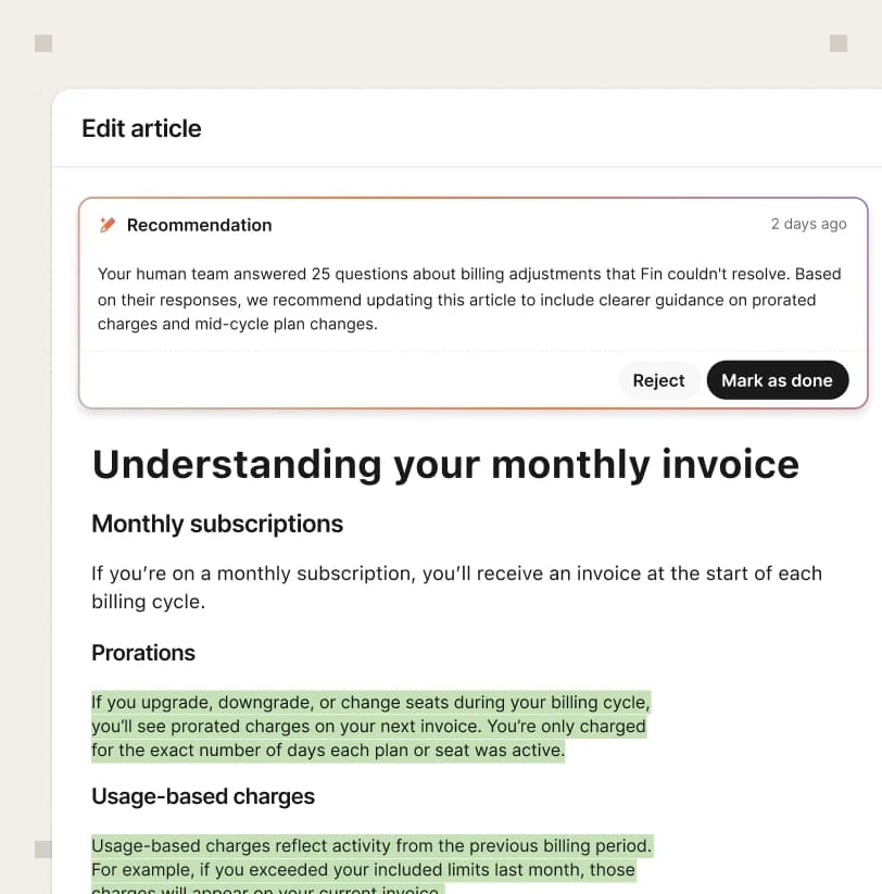 Help centre article editor with an AI recommendation to update an invoice article based on questions Fin couldn't resolve