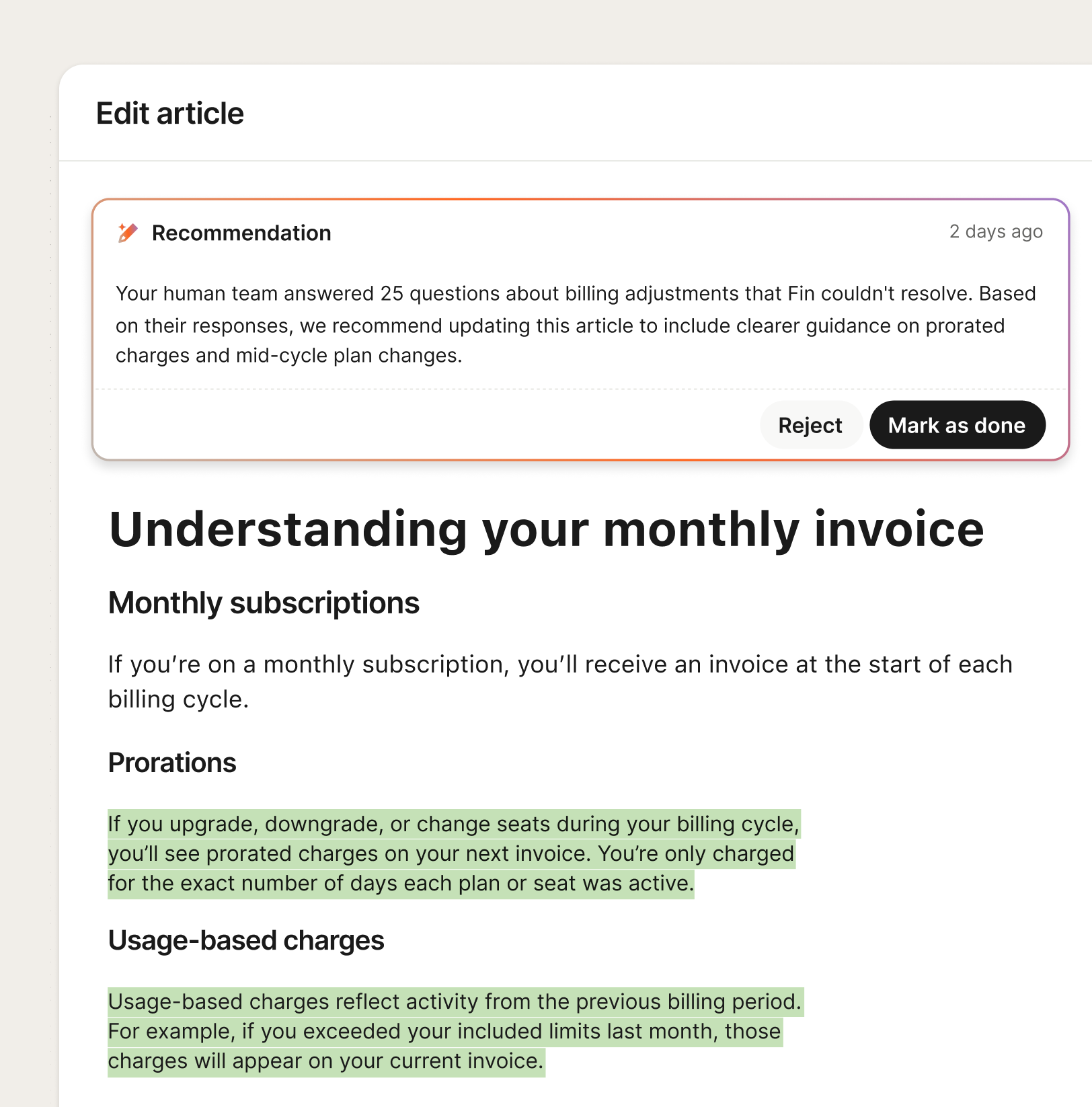Help centre article editor with an AI recommendation to update an invoice article based on questions Fin couldn't resolve