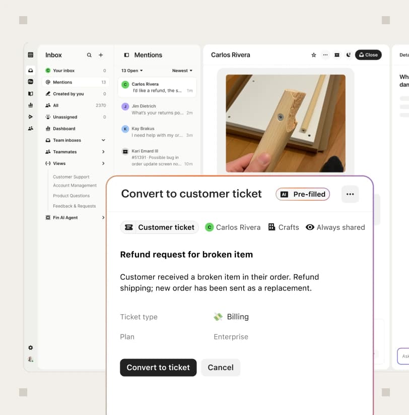 Intercom inbox showing conversations, mentions, and ticket conversion