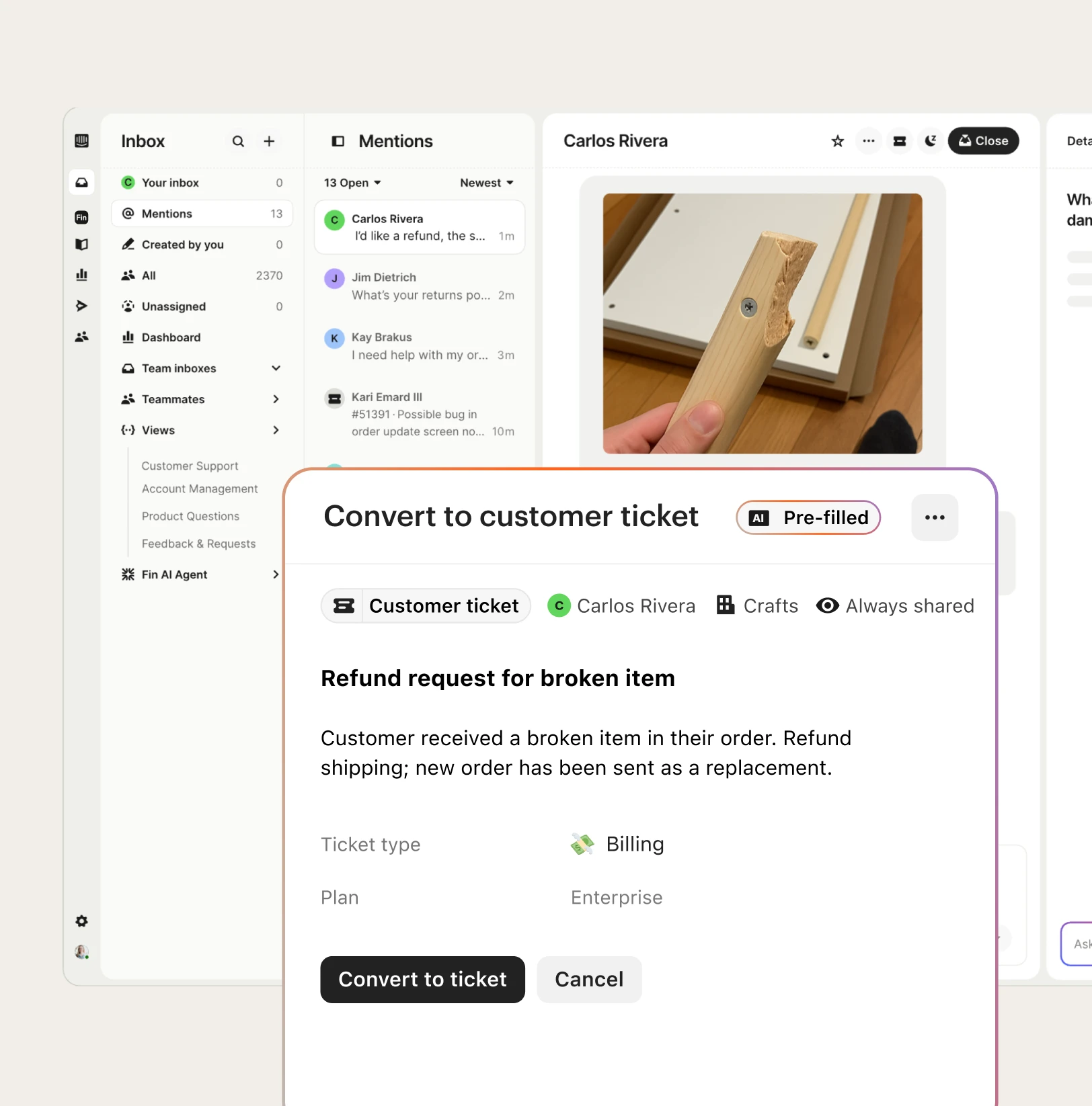 Intercom inbox showing conversations, mentions, and ticket conversion