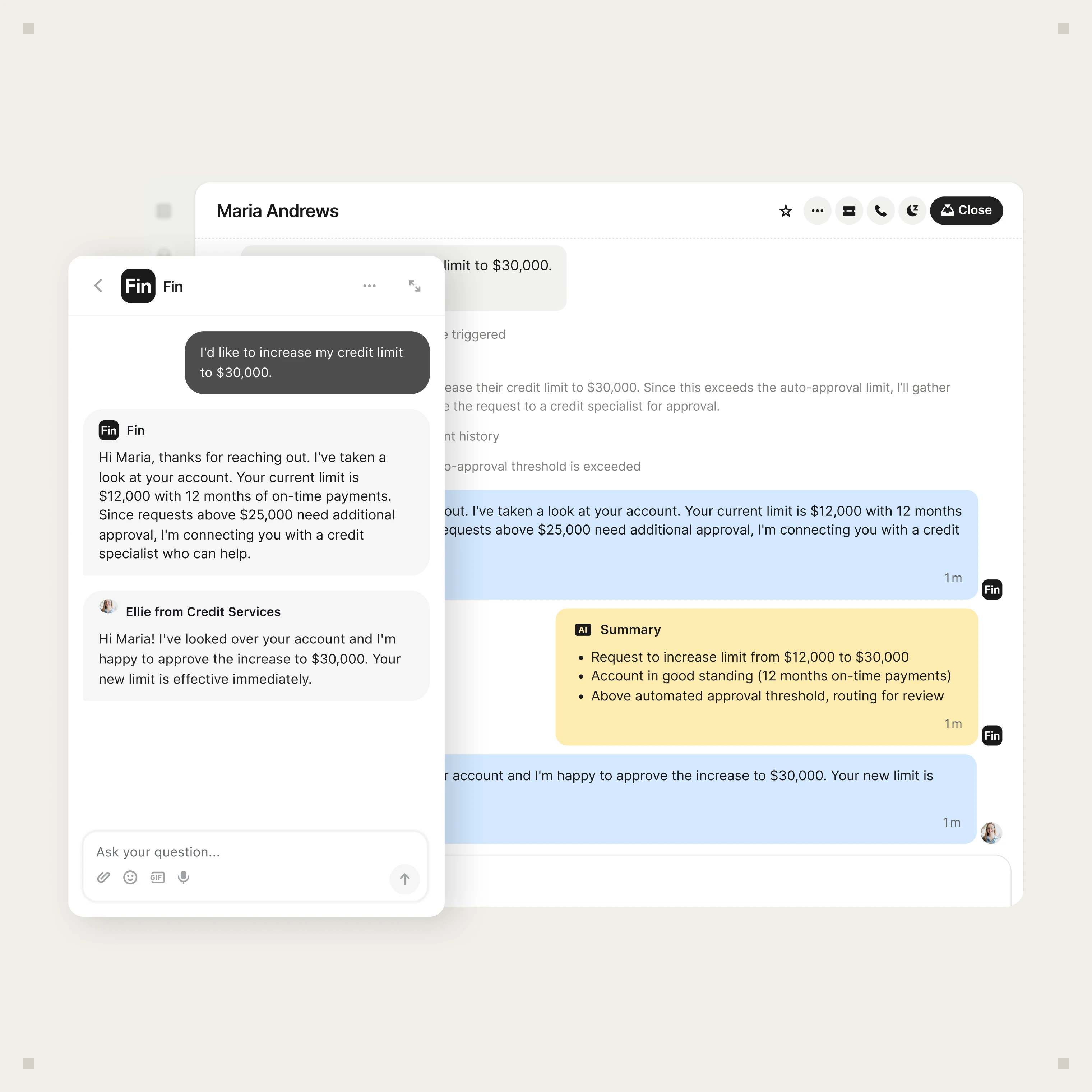 Intercom inbox and Fin Messenger resolving a customer credit limit request with human handoff