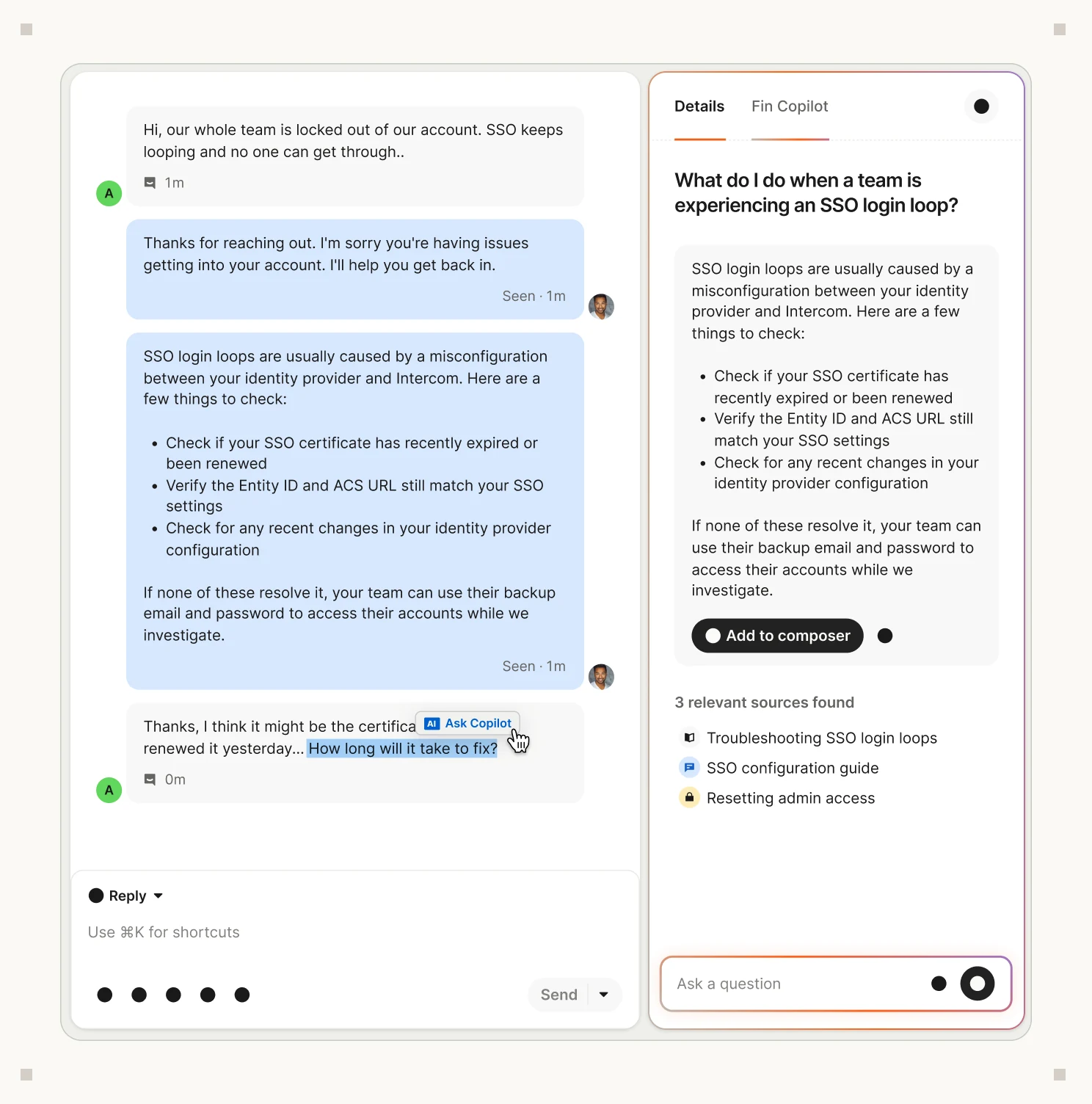 Fin Copilot suggesting an answer to an agent about an SSO login loop, with cited sources