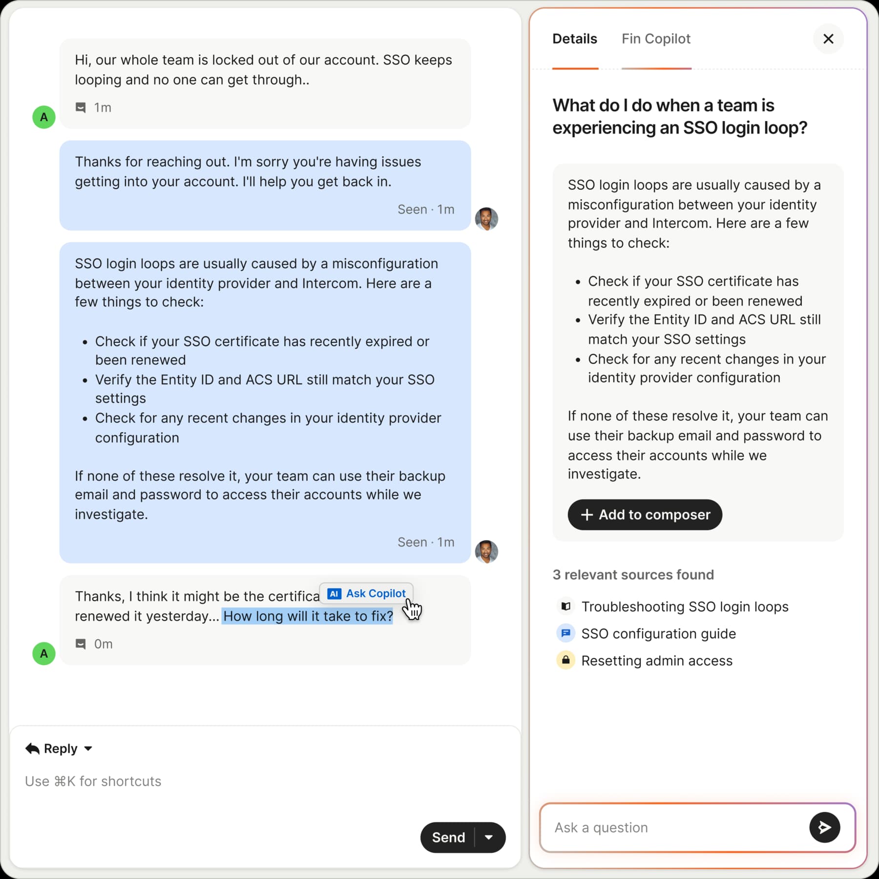 Fin Copilot suggesting an answer to an agent about an SSO login loop, with cited sources