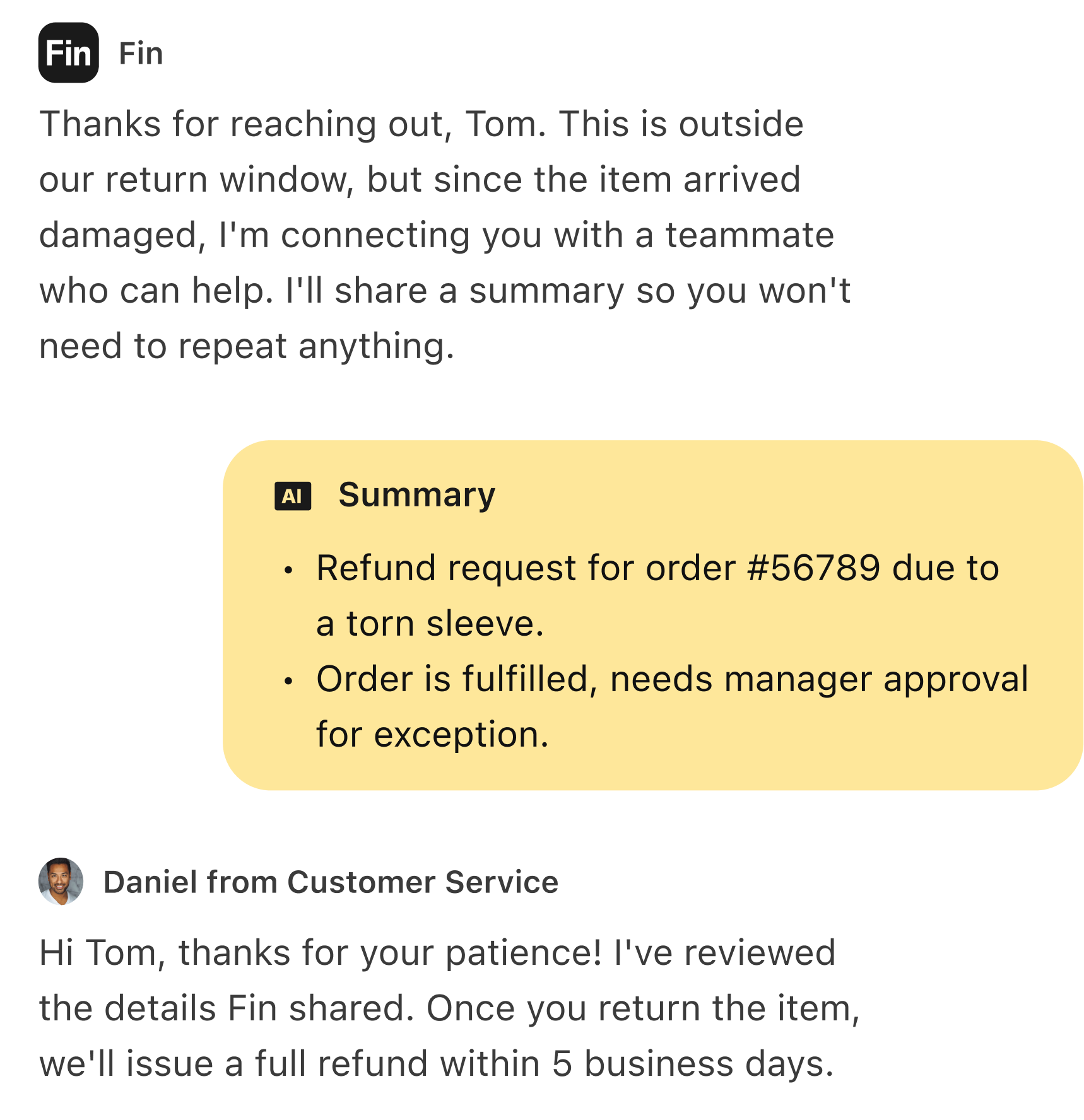 Fin handing off a conversation to a human agent with full context