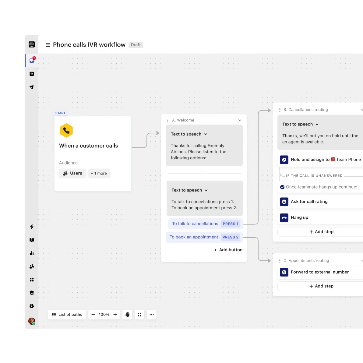No-code IVR tree builder
