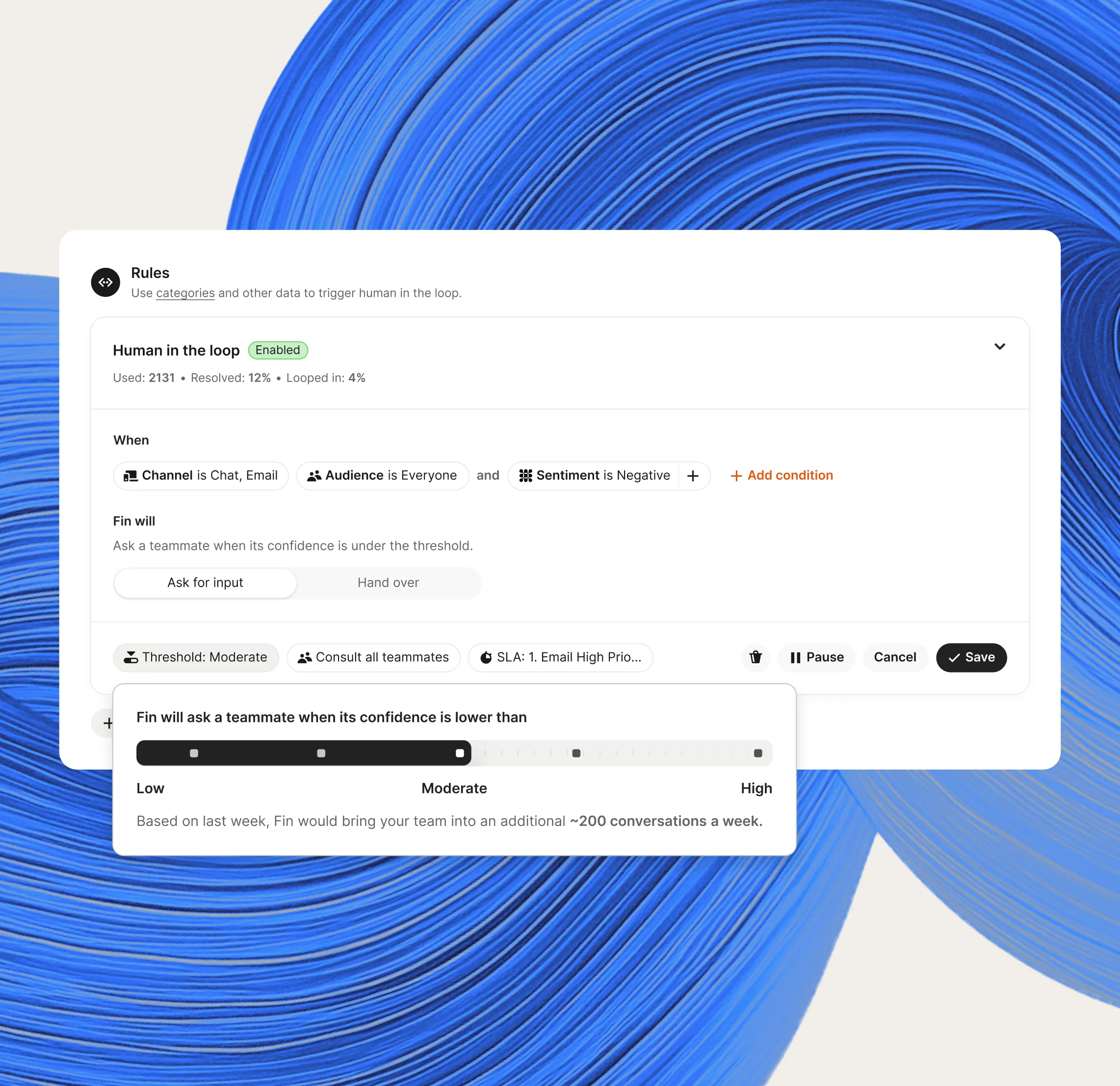 Screenshot of a Human in the Loop rule in Intercom, with a confidence threshold slider for when Fin asks a teammate, over a blue gradient swirl