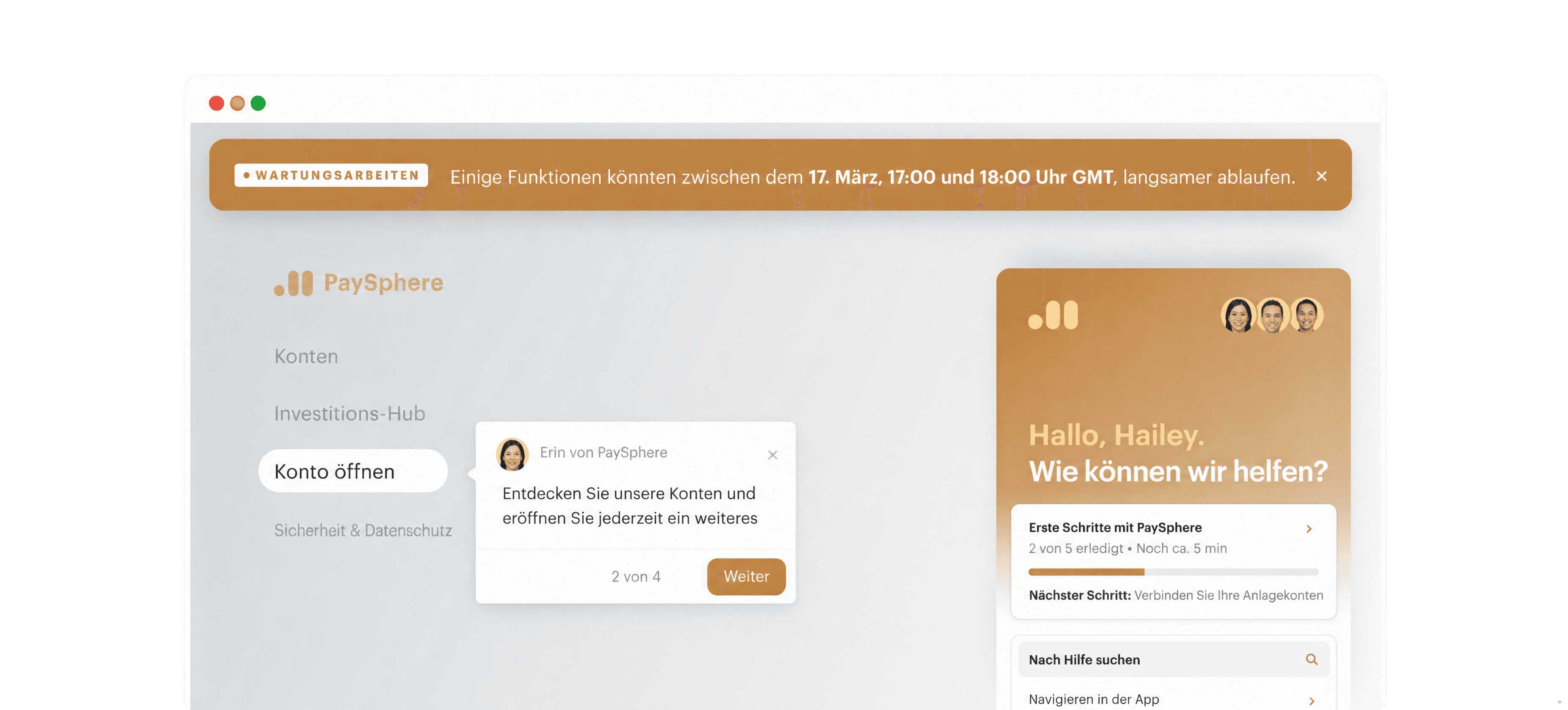 Produkttour, Banner für Websitewartung und Onboarding-Checklist, die einen Kunden durch eine Banking-App führen