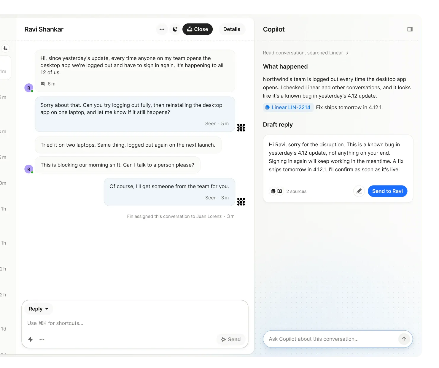 Intercom inbox showing a desktop app sign-in issue with Copilot drafting a reply