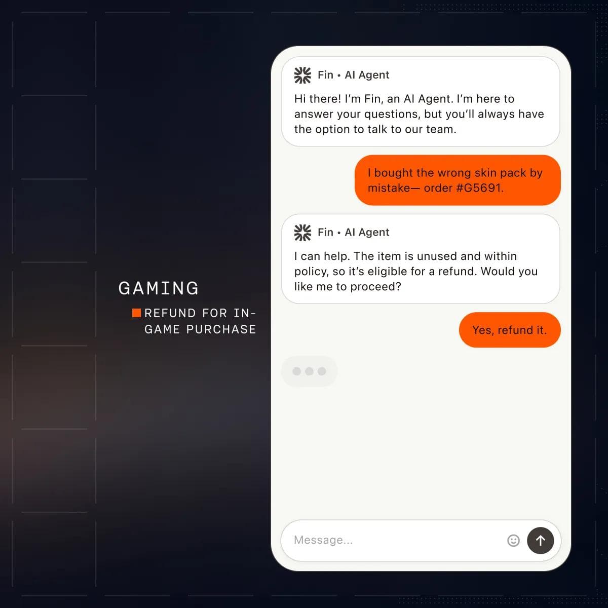 Fin AI Agent chat recovering a player account and resolving an in-game issue