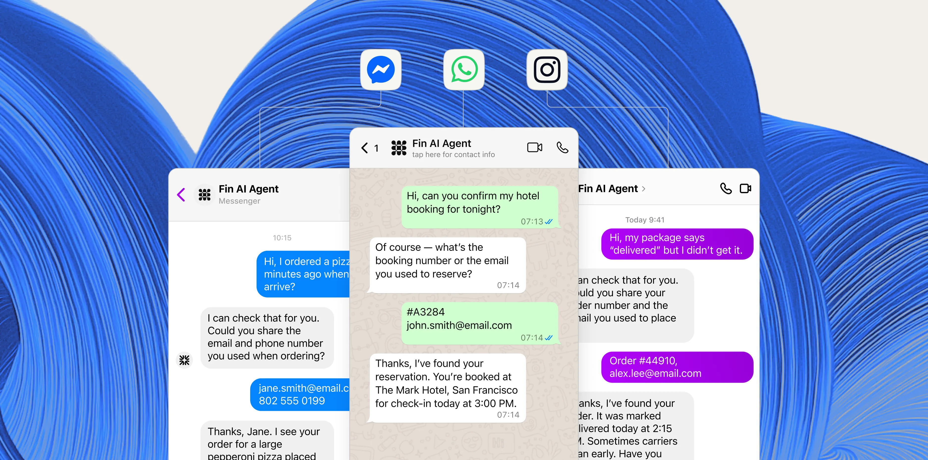 Fin AI Agent conversations in Messenger, WhatsApp and Instagram, over a blue gradient swirl
