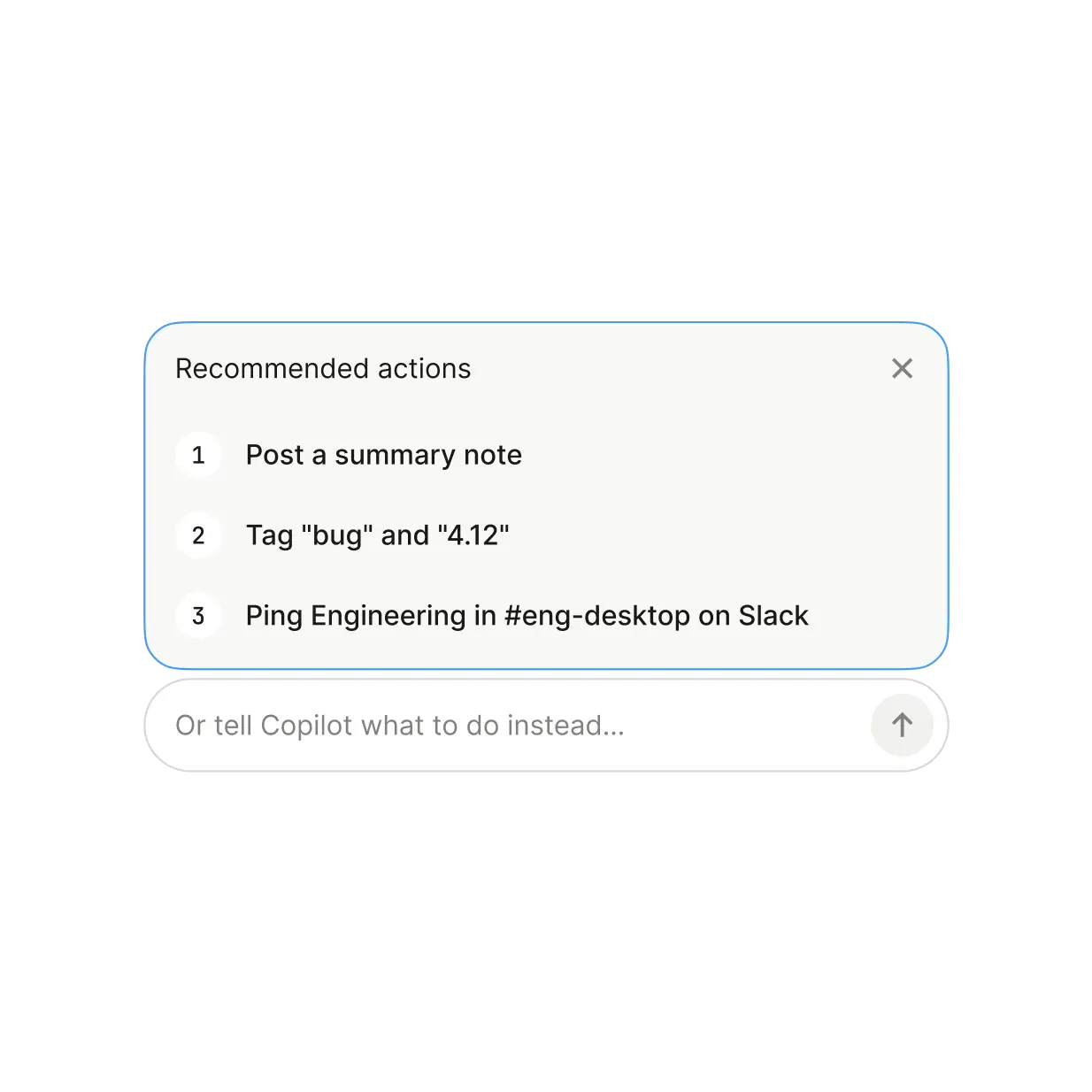 Screenshot of Copilot 2 recommending actions: post a summary note, add tags and ping Engineering on Slack