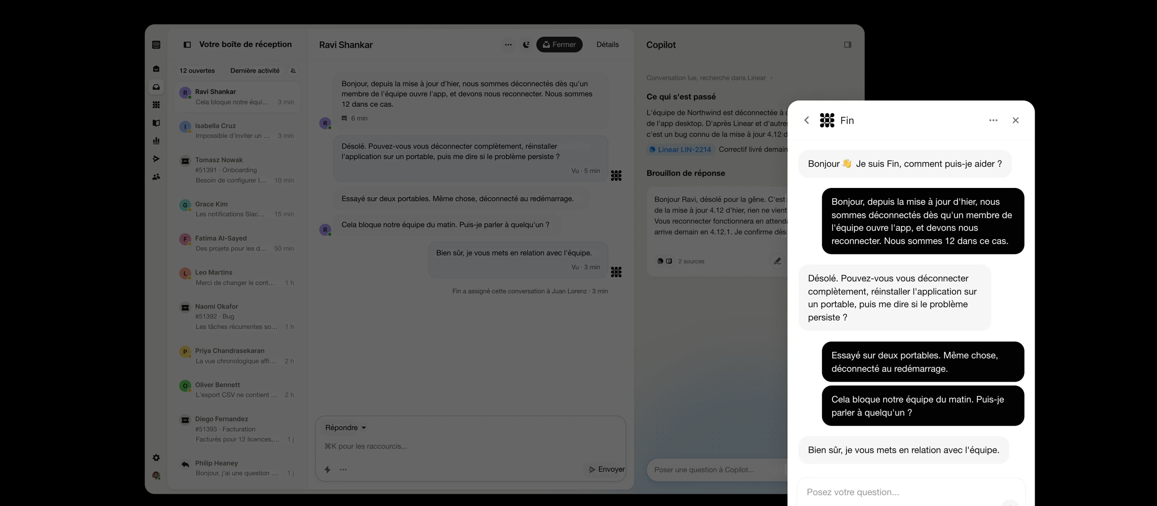 Fin diagnostique un problème de connexion à l’application de bureau dans Messenger, superposé à la même conversation dans la boîte de réception Intercom