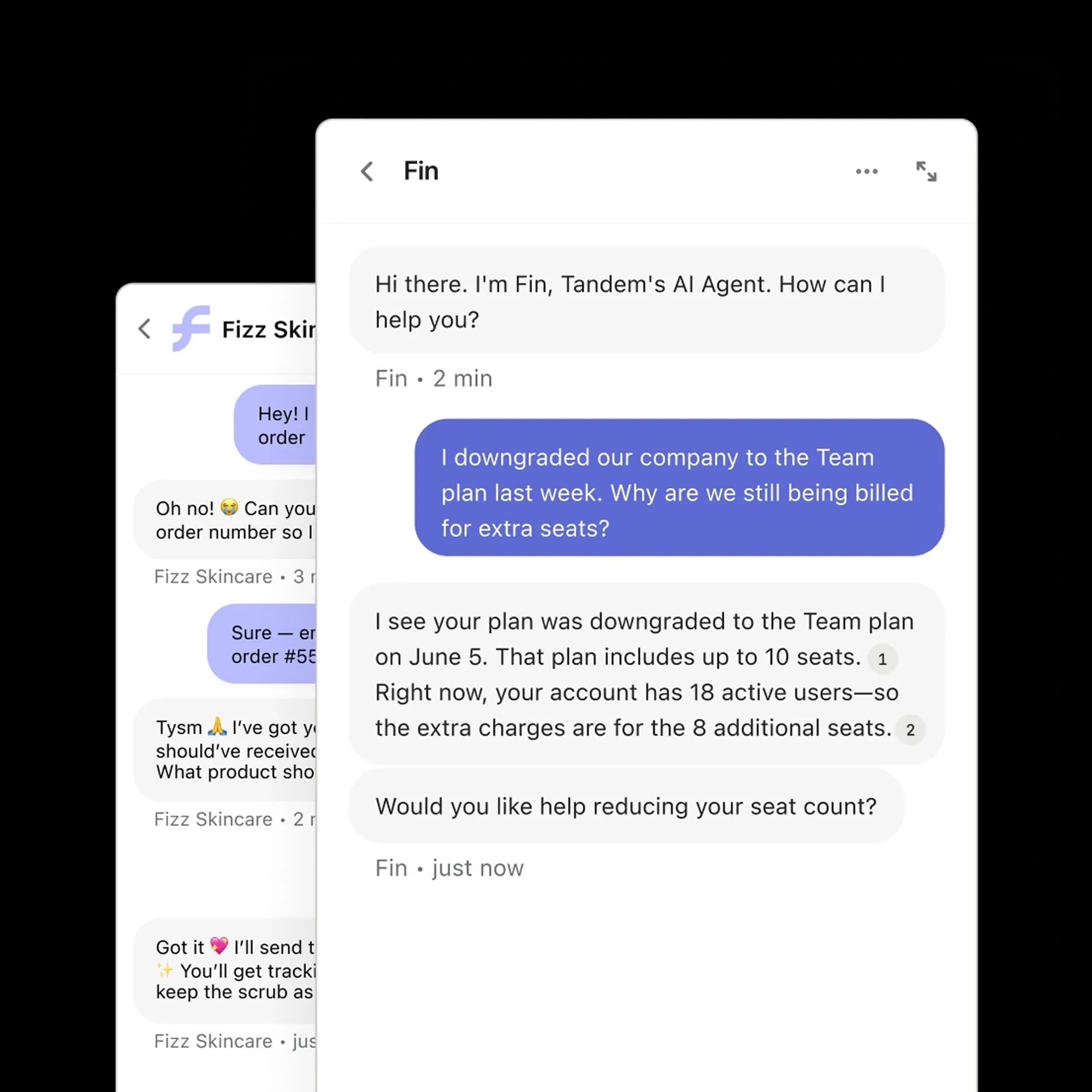 Fin resolving a billing question in the Messenger before a customer asks for a human