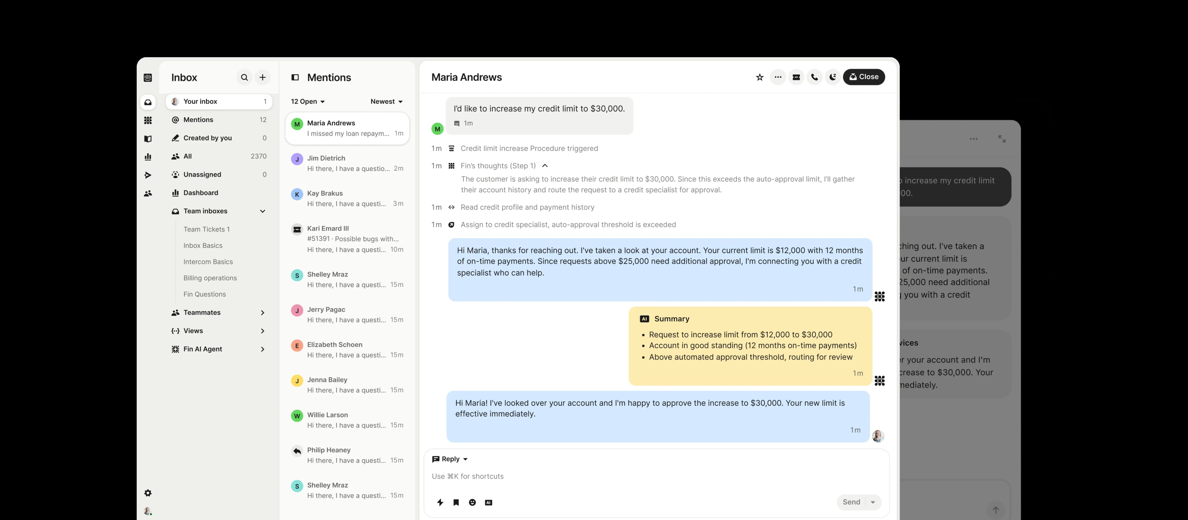 Intercom inbox showing a credit limit increase conversation with Fin's reasoning steps and an AI summary