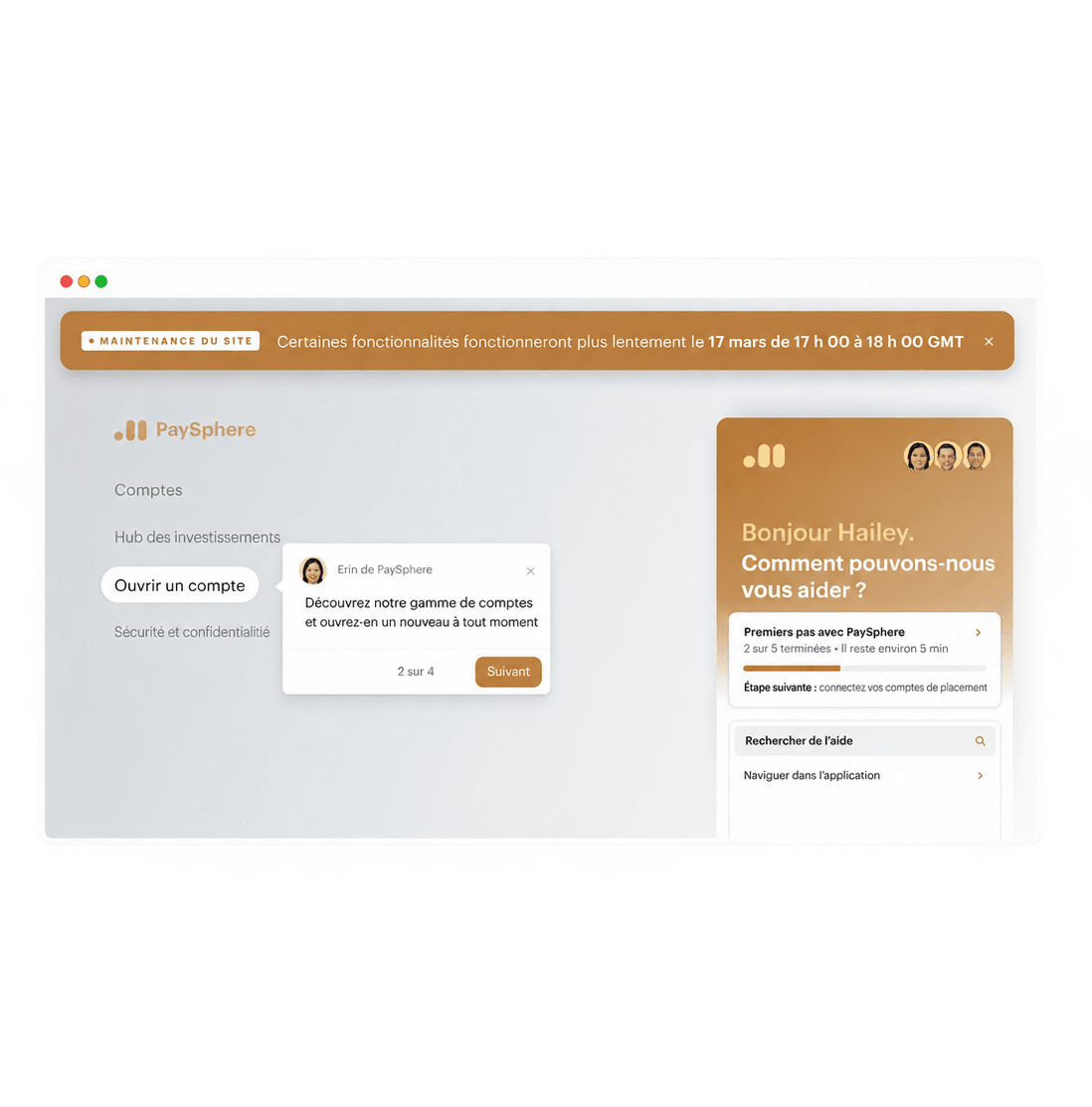 Parcours produit et liste de contrôle d’intégration guidant un client dans une application bancaire