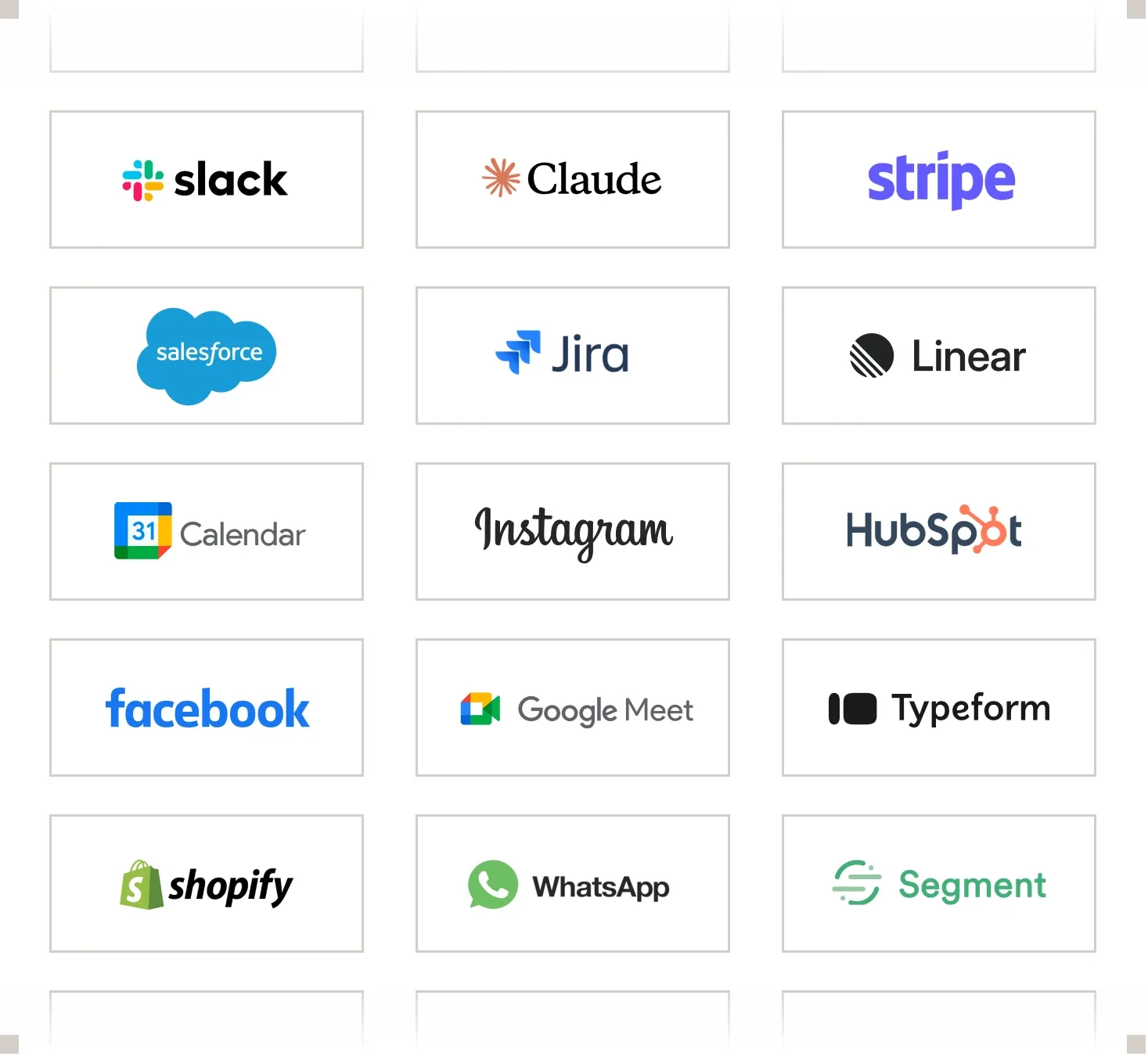 Grid of tools that integrate with Intercom, including Slack, Claude, Stripe, Salesforce, Jira, Linear, Google Calendar, Instagram, HubSpot, Facebook, Google Meet, Typeform, Shopify, WhatsApp, and Segment