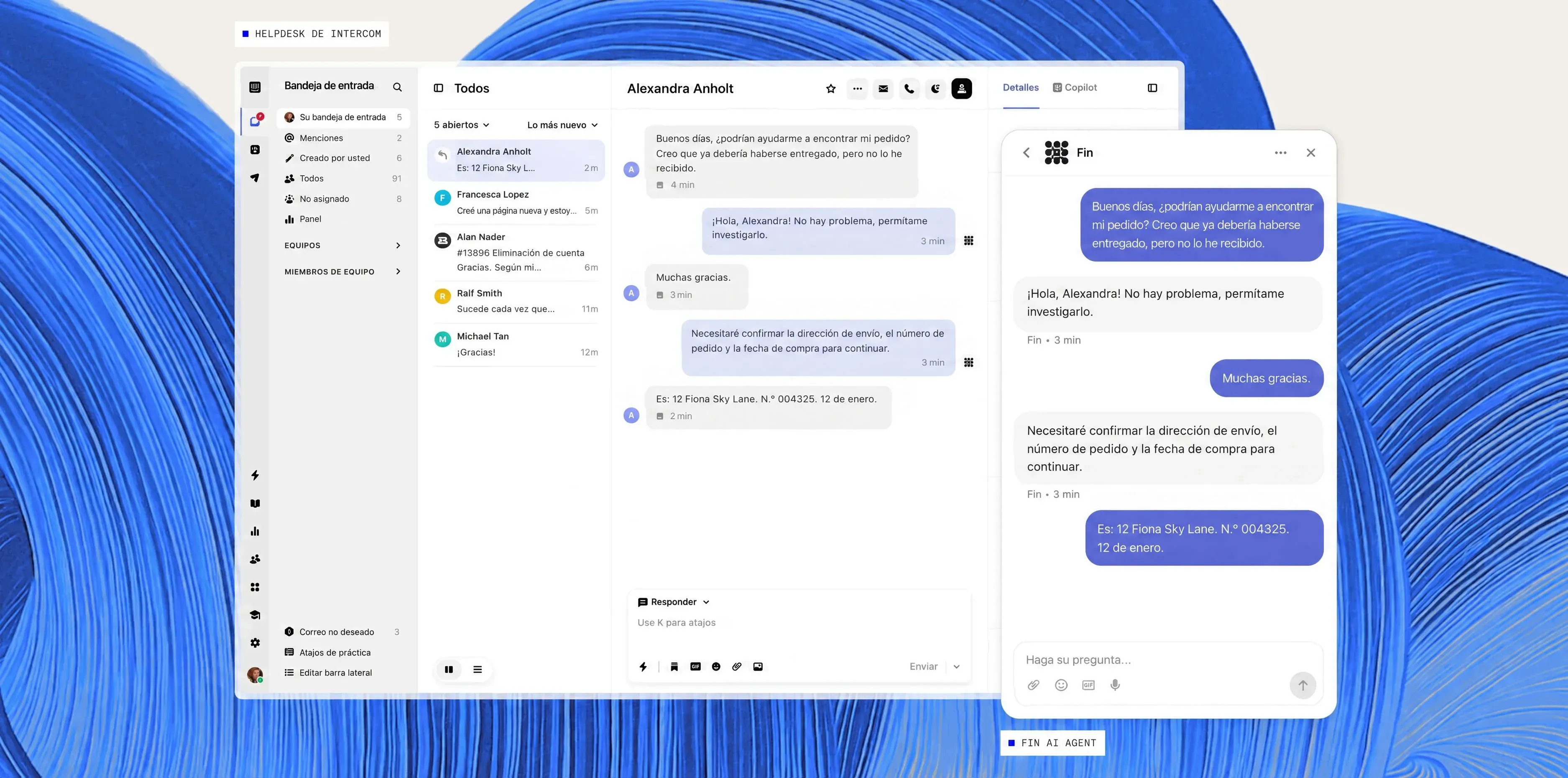 Captura de pantalla de la bandeja de entrada del helpdesk de Intercom junto a una conversación con Fin AI Agent en Messenger, sobre un fondo de remolino con degradado azul