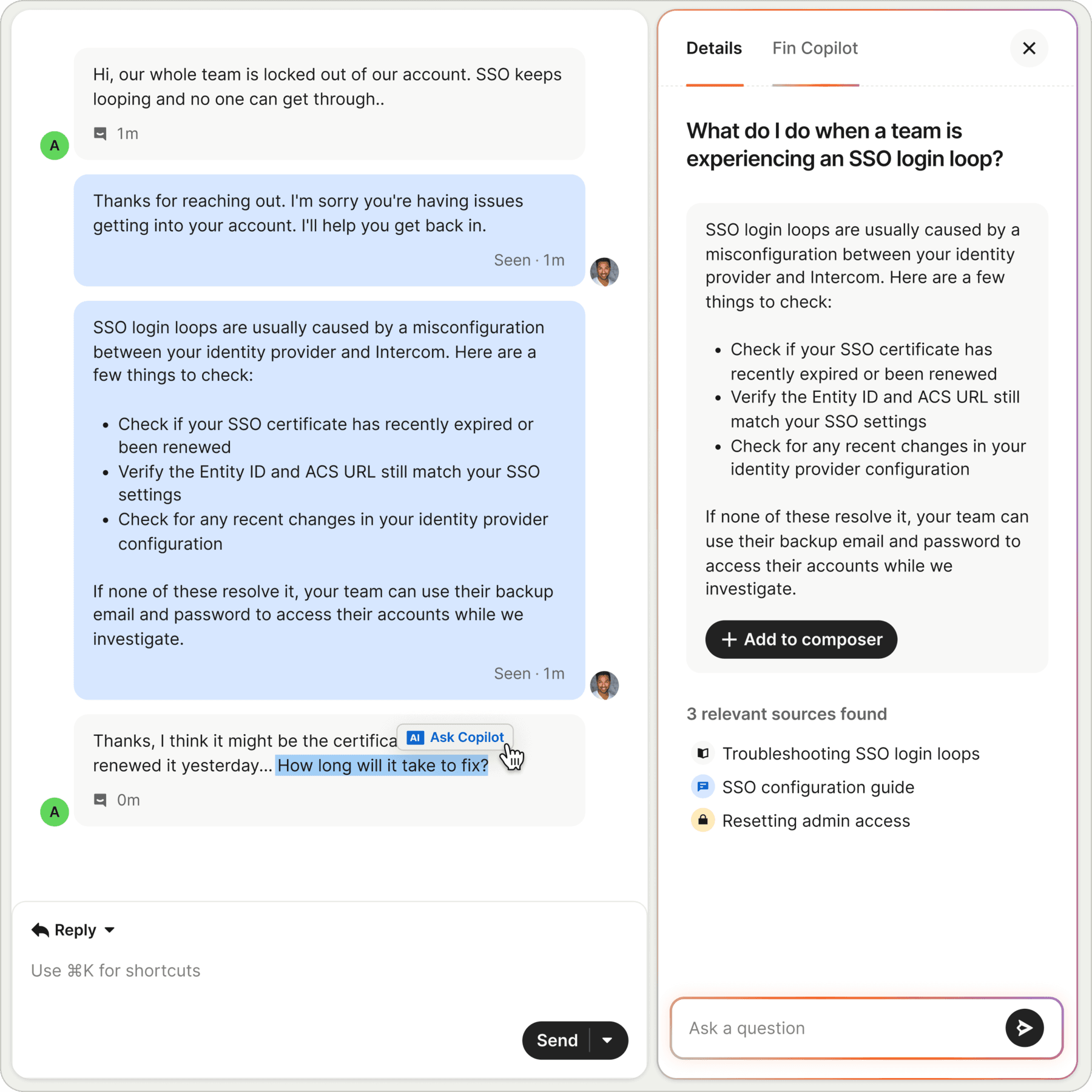 Fin Copilot suggesting an answer to an agent about an SSO login loop, with cited sources