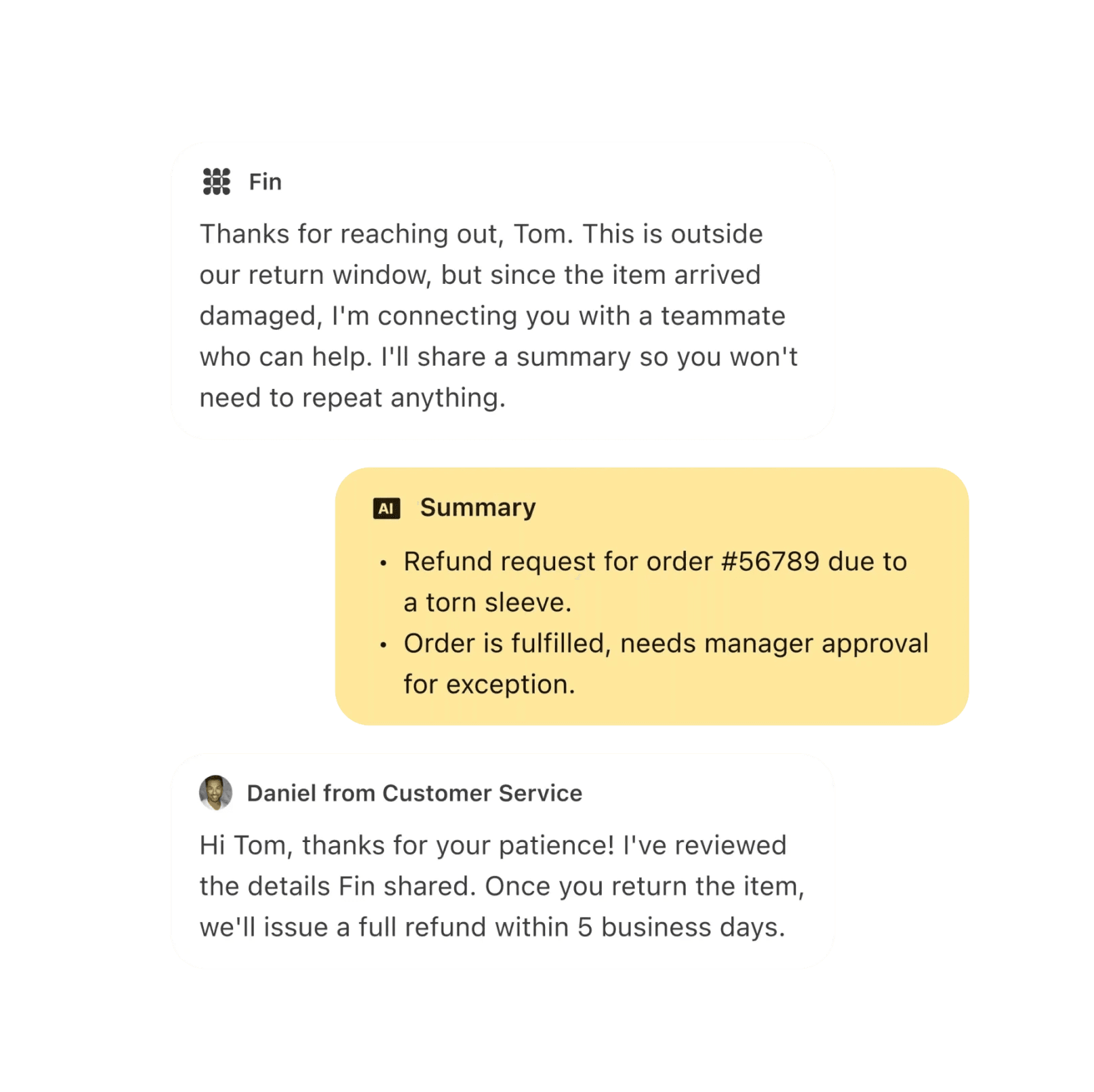 Fin handing a conversation to a human teammate with an AI summary of the request