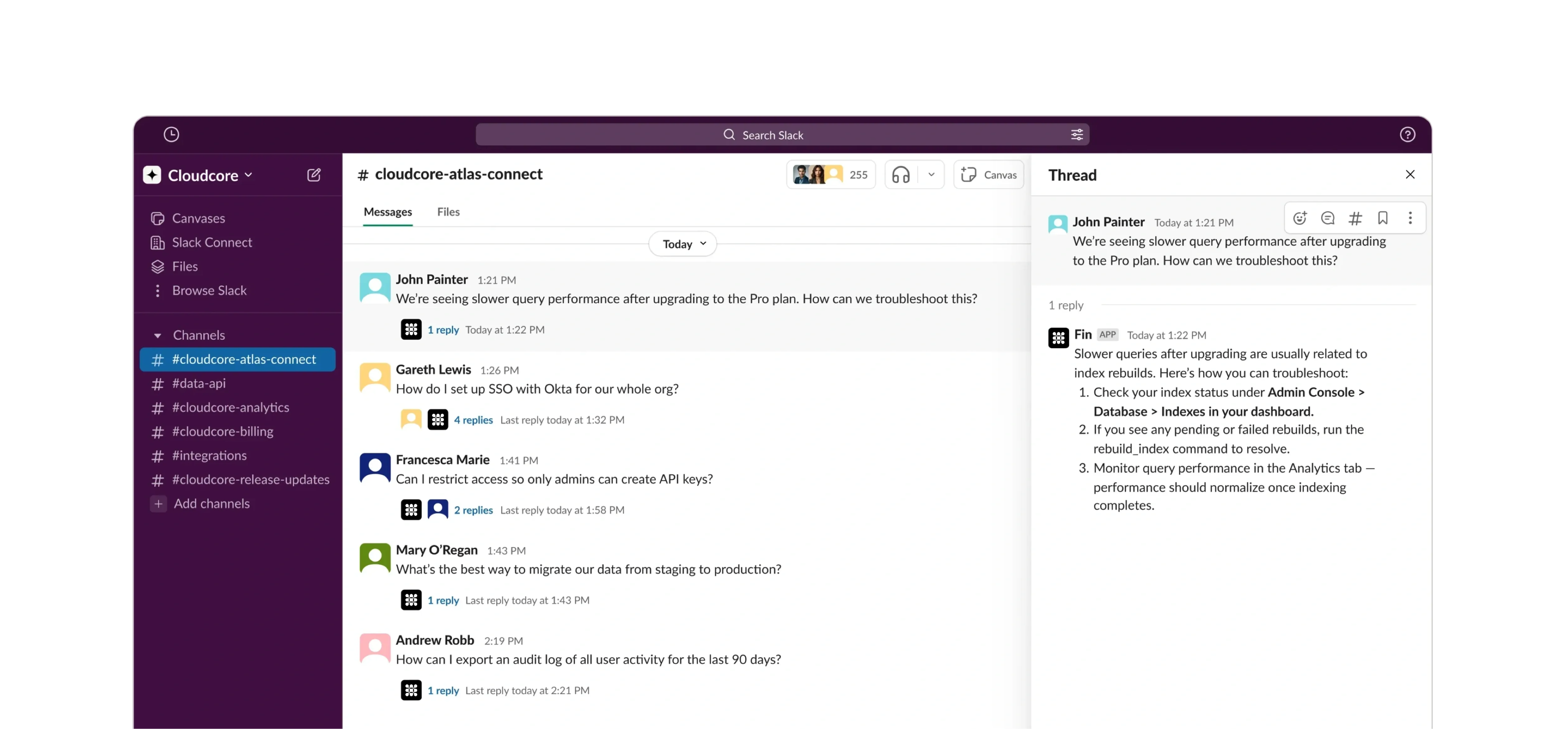 Fin resolving a customer’s question inside a shared Slack channel
