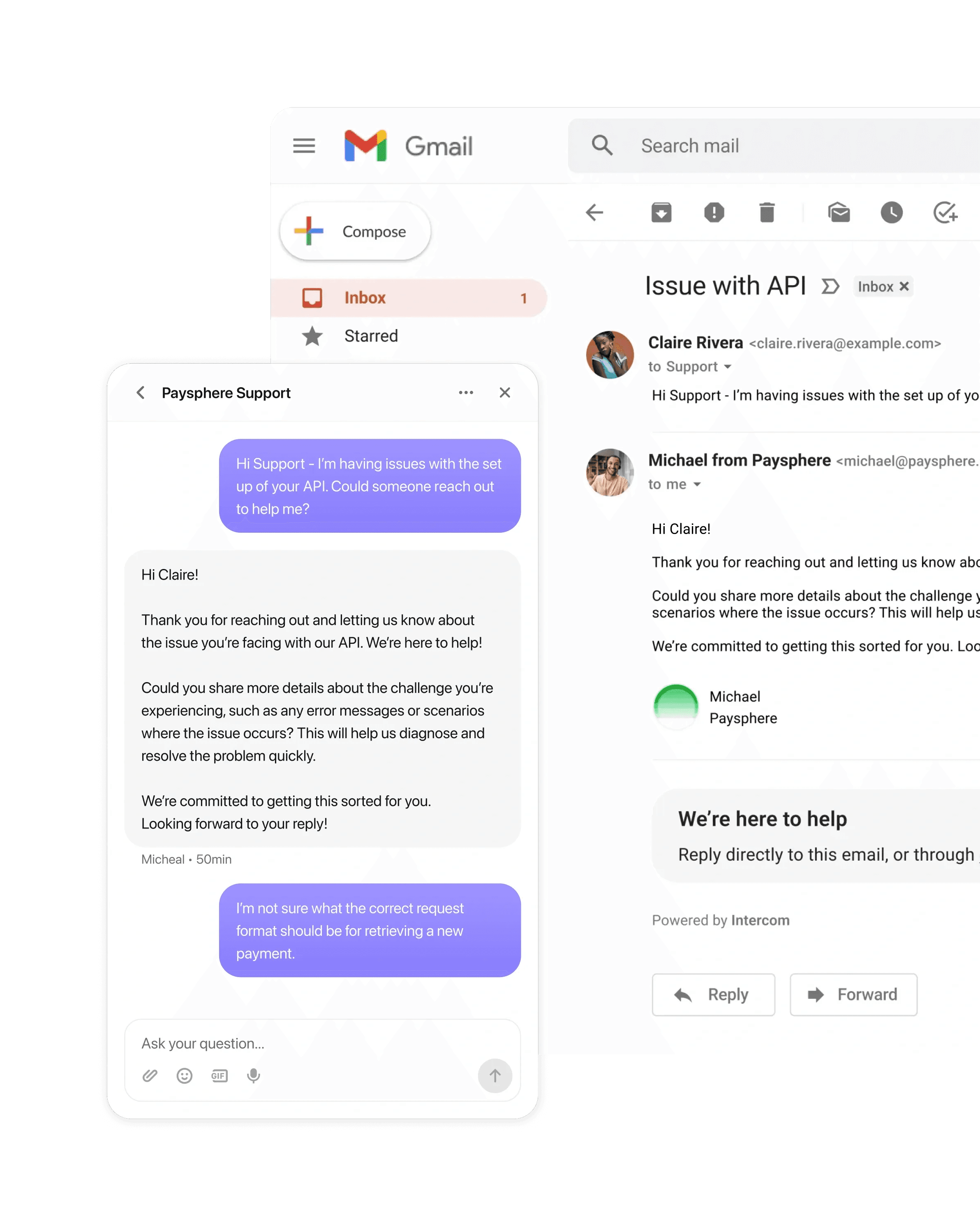 The same support conversation continuing in Messenger on mobile and over email in Gmail