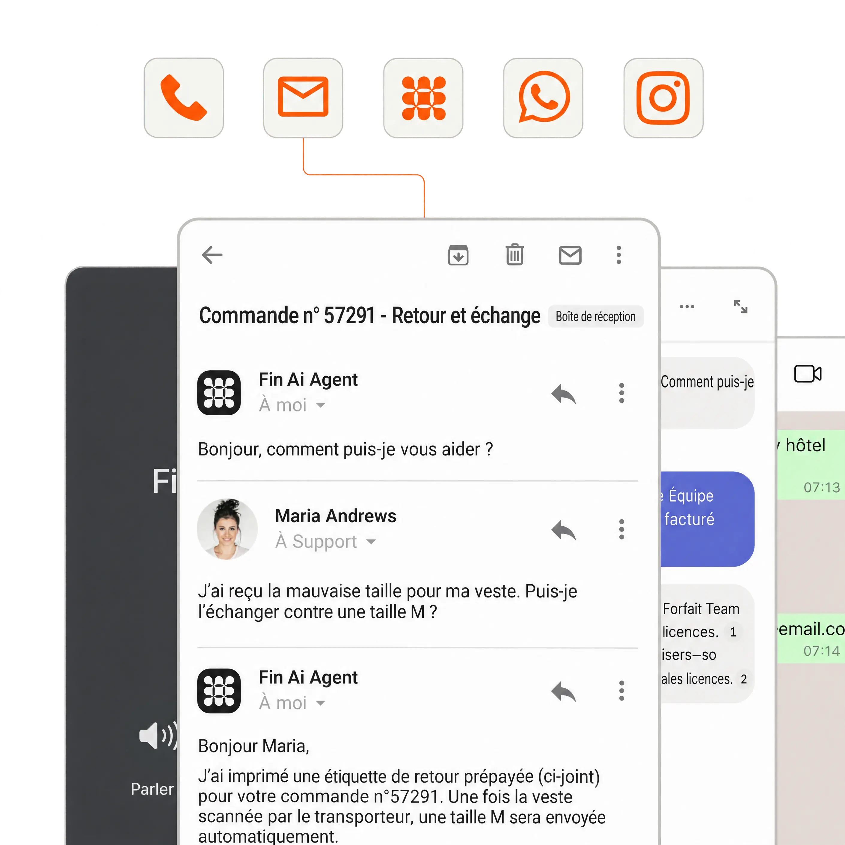 Fin déployé sur le téléphone, l’e-mail, la discussion en direct et Slack