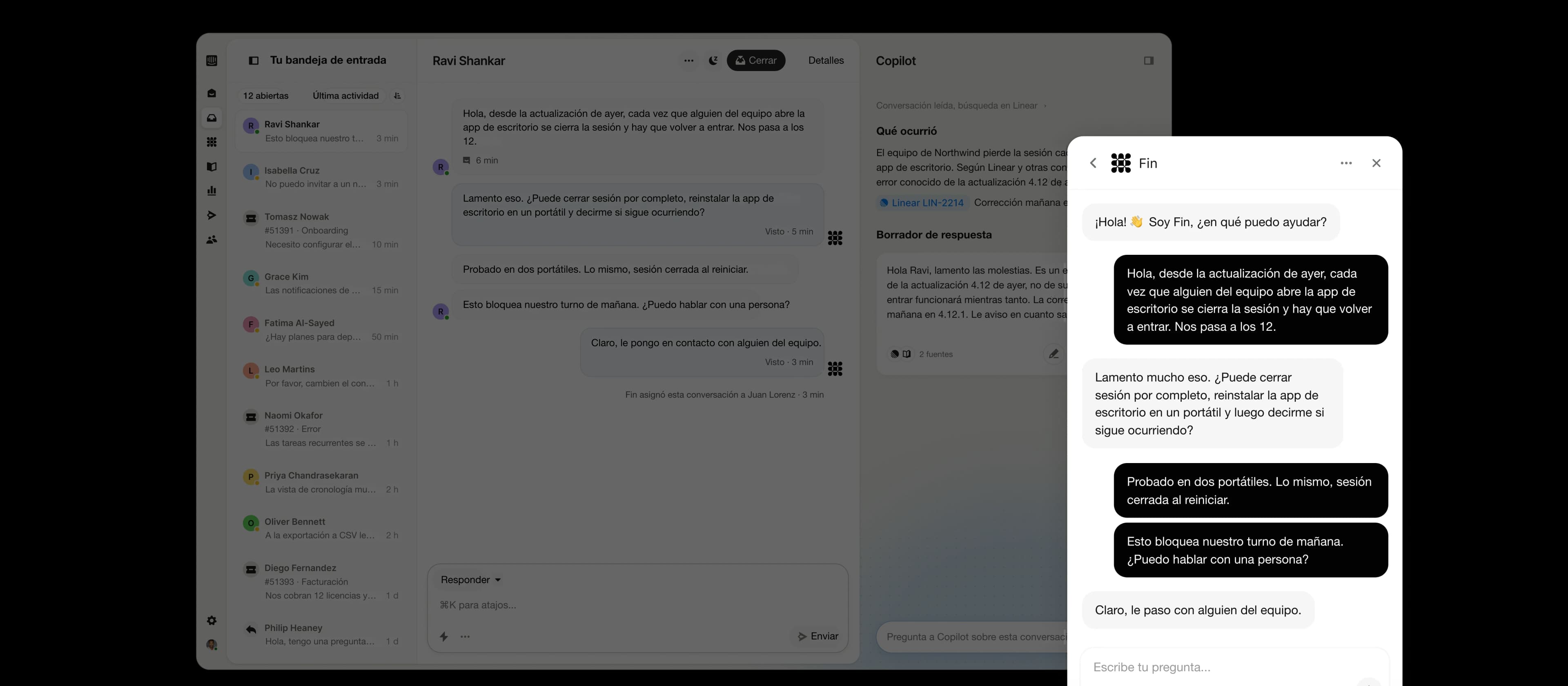Fin solucionando un problema de inicio de sesión de una aplicación de escritorio en Messenger, en la misma conversación de la bandeja de entrada de Intercom