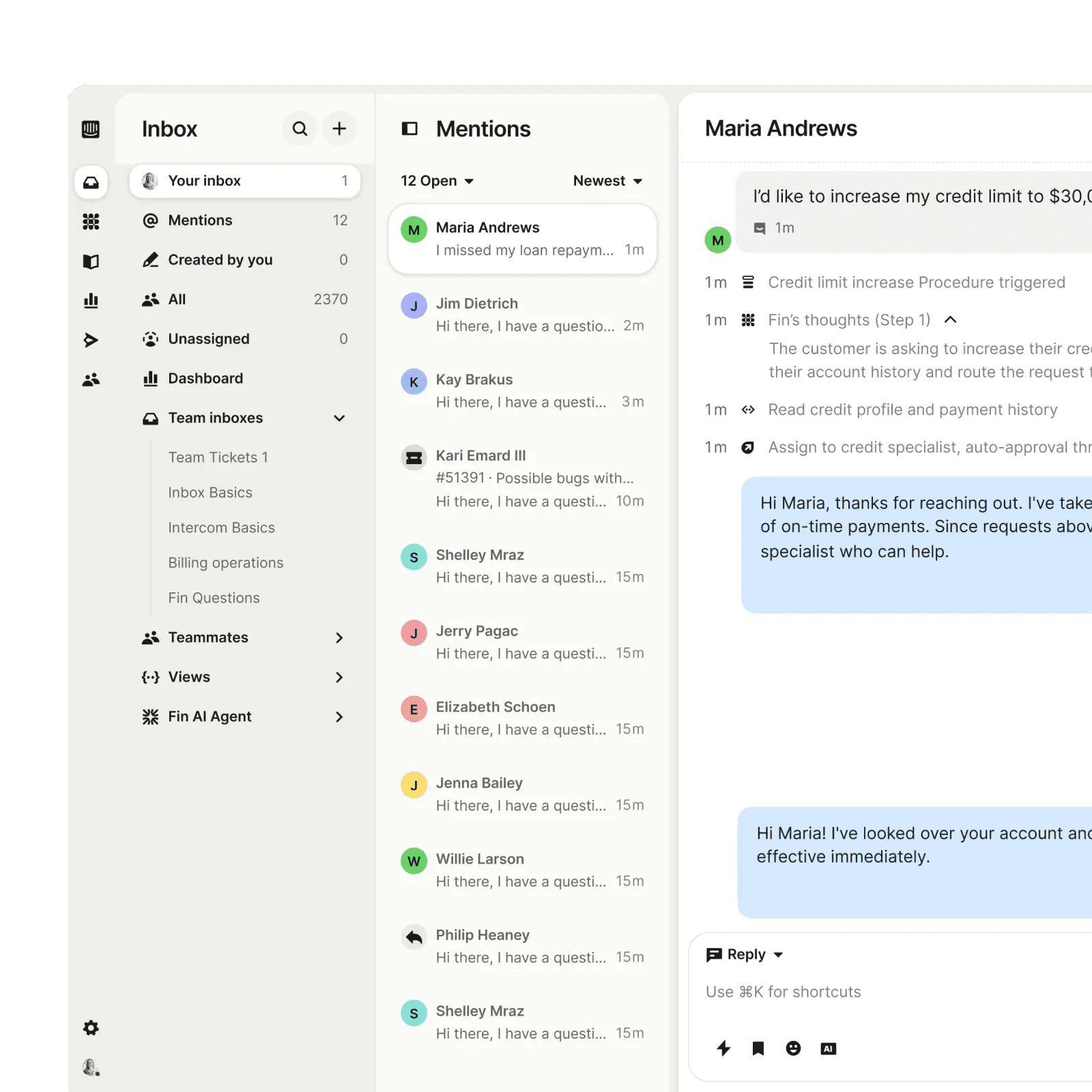 Intercom inbox showing a credit limit increase conversation with an AI summary