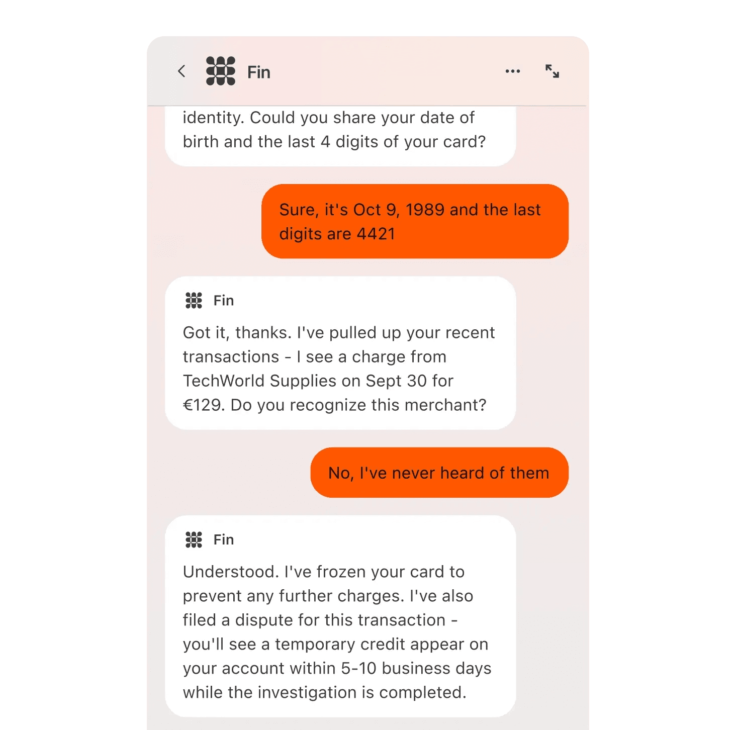 Fin resolving a disputed charge in a Messenger conversation, verifying the customer and filing the dispute