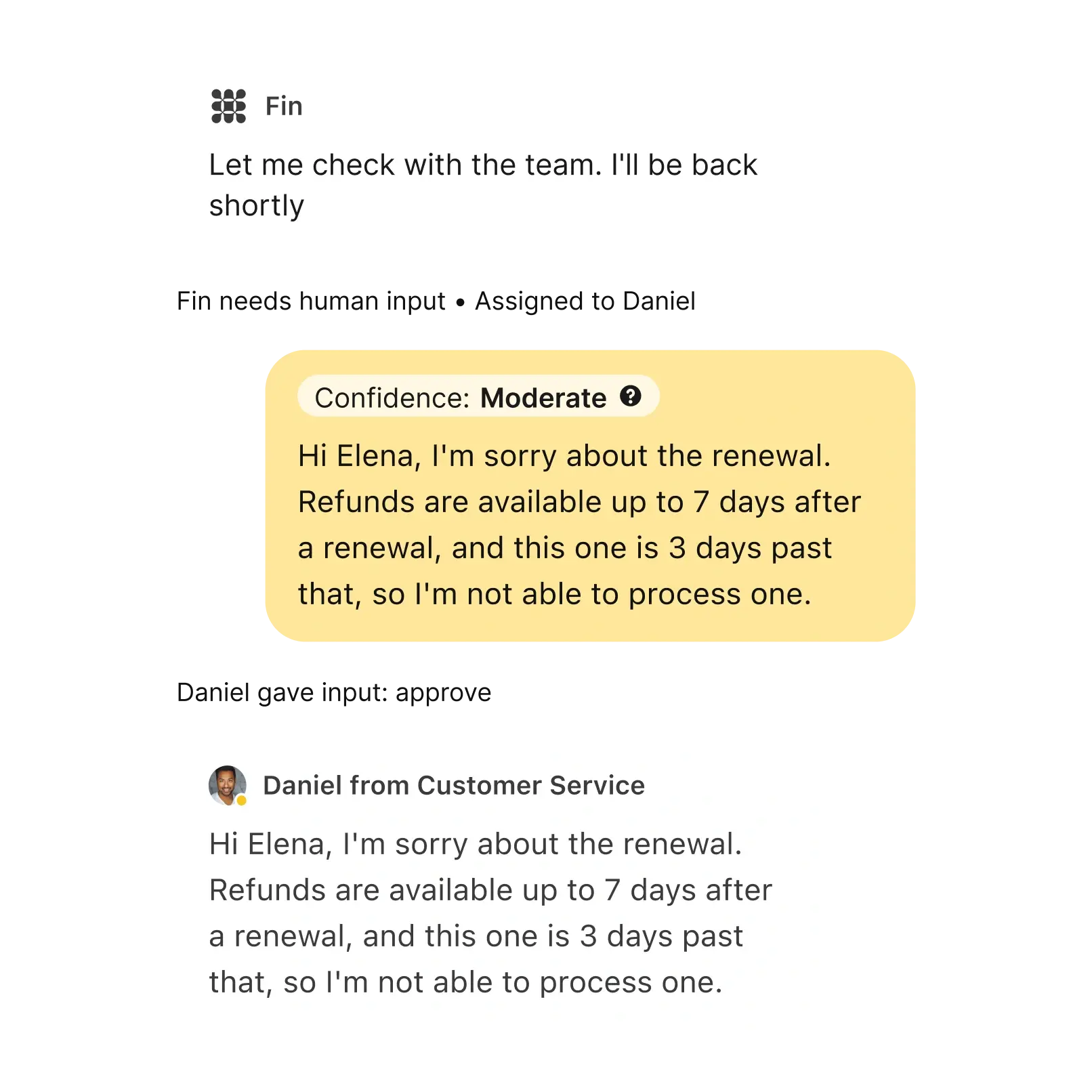 Fin asking a teammate to approve a refund reply before answering the customer