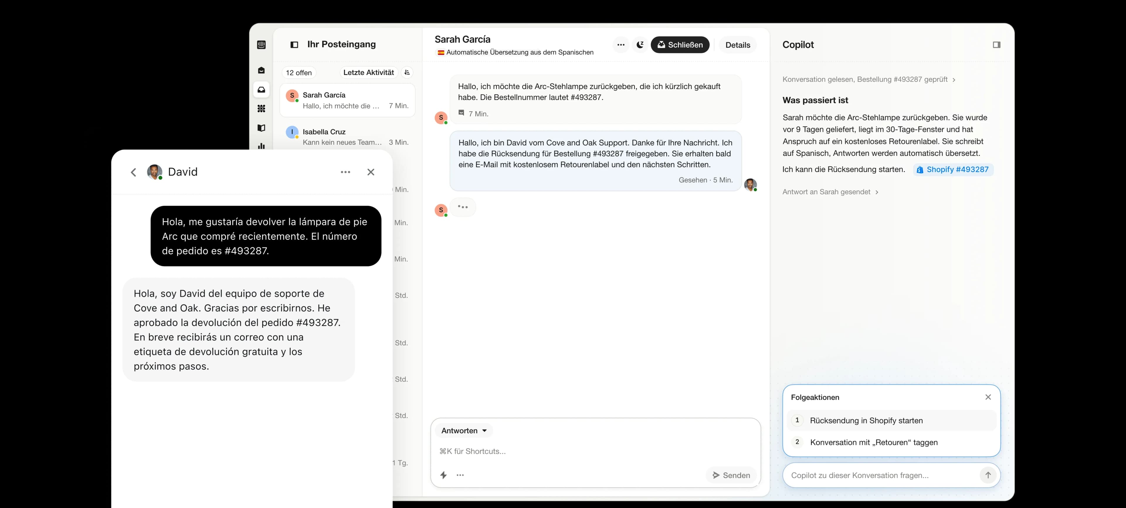 Intercom-Posteingang übersetzt automatisch ein Kundengespräch aus dem Spanischen, zusammen mit der Messenger-Ansicht des Kunden und Copilot
