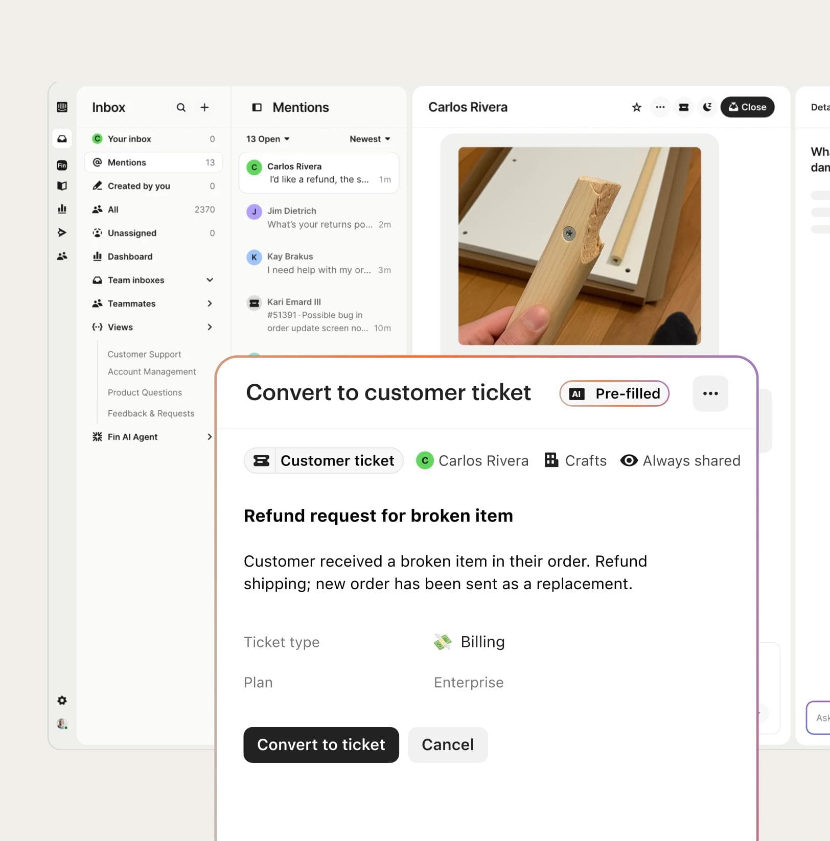 Intercom inbox showing conversations, mentions, and ticket conversion