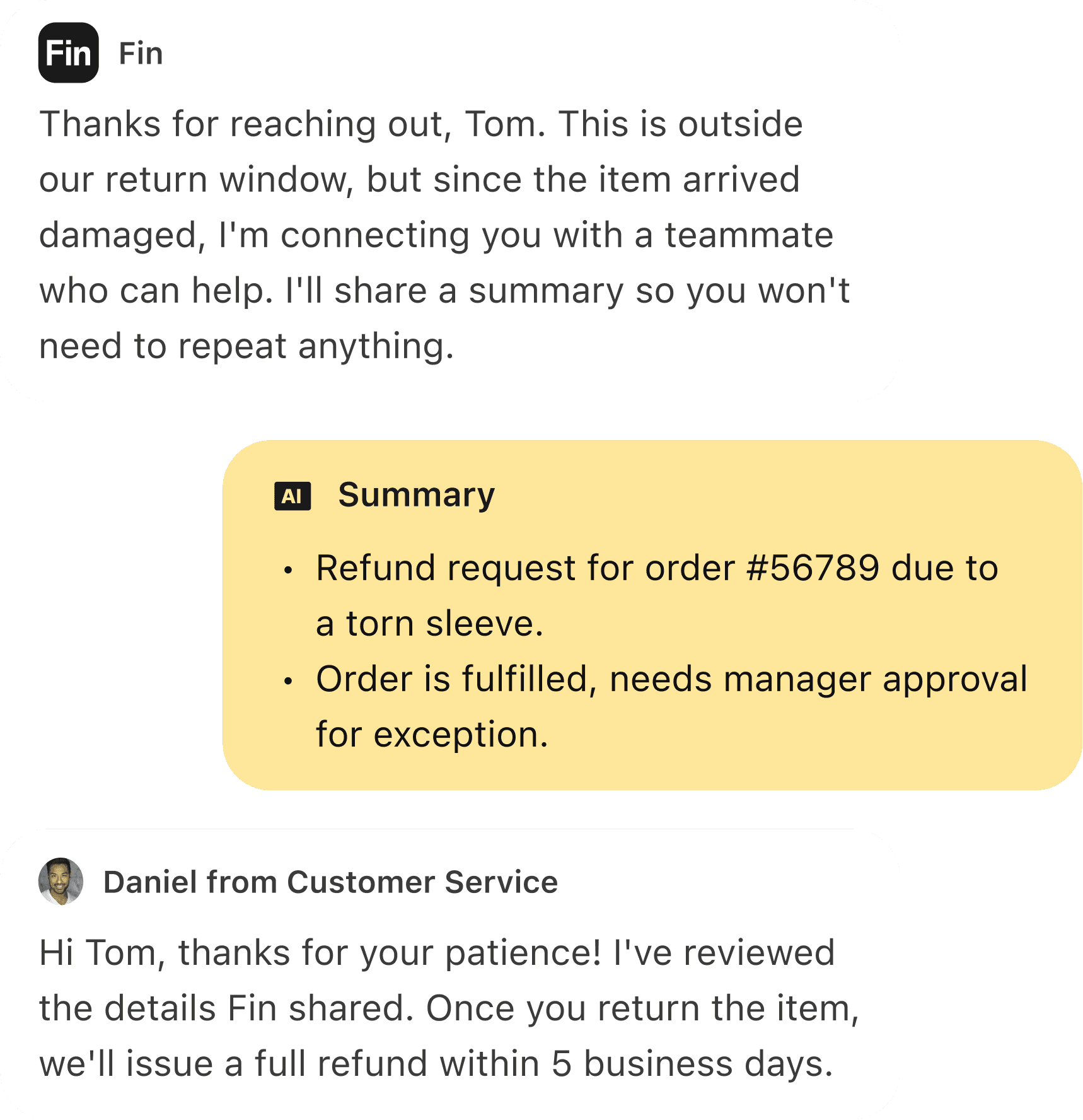 Fin handing off a conversation to a human agent with full context