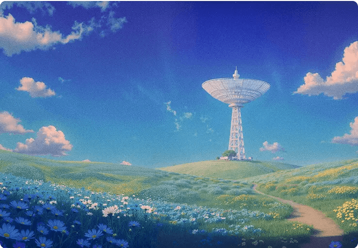 Illustration of a futuristic satellite receiver in a rural setting