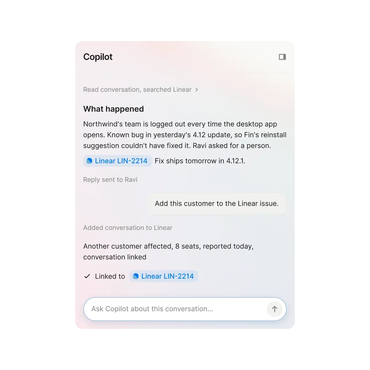 Screenshot of the Copilot 2 panel adding a customer to a Linear issue from the conversation