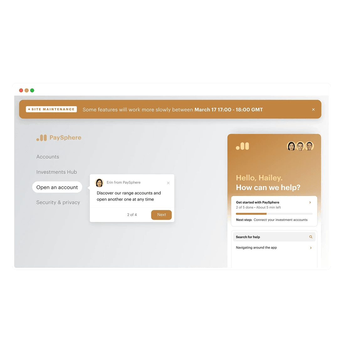 Product tour and onboarding checklist guiding a customer through a banking app